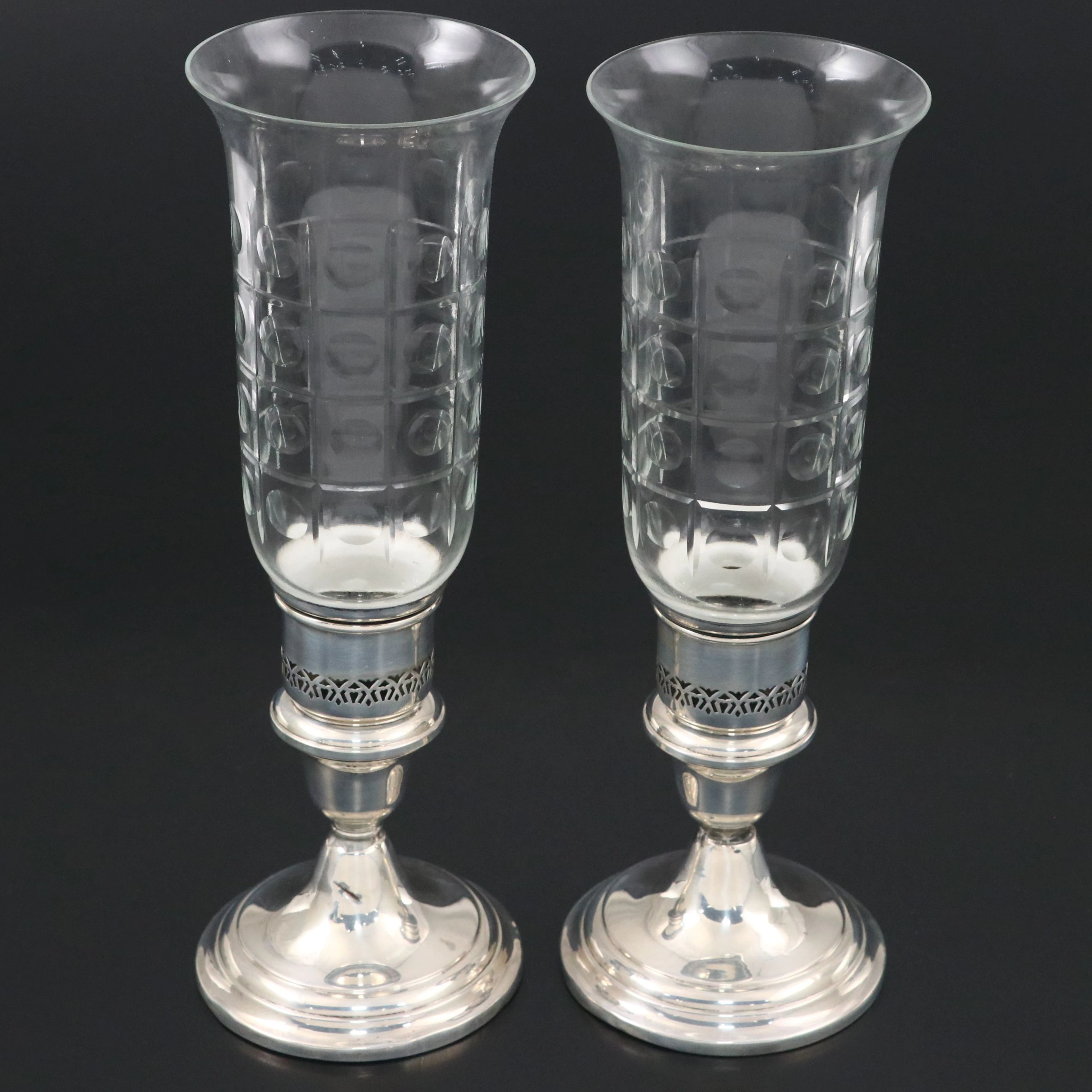 Gorham Weighted Sterling Silver Candlesticks with Glass Hurricane Shades