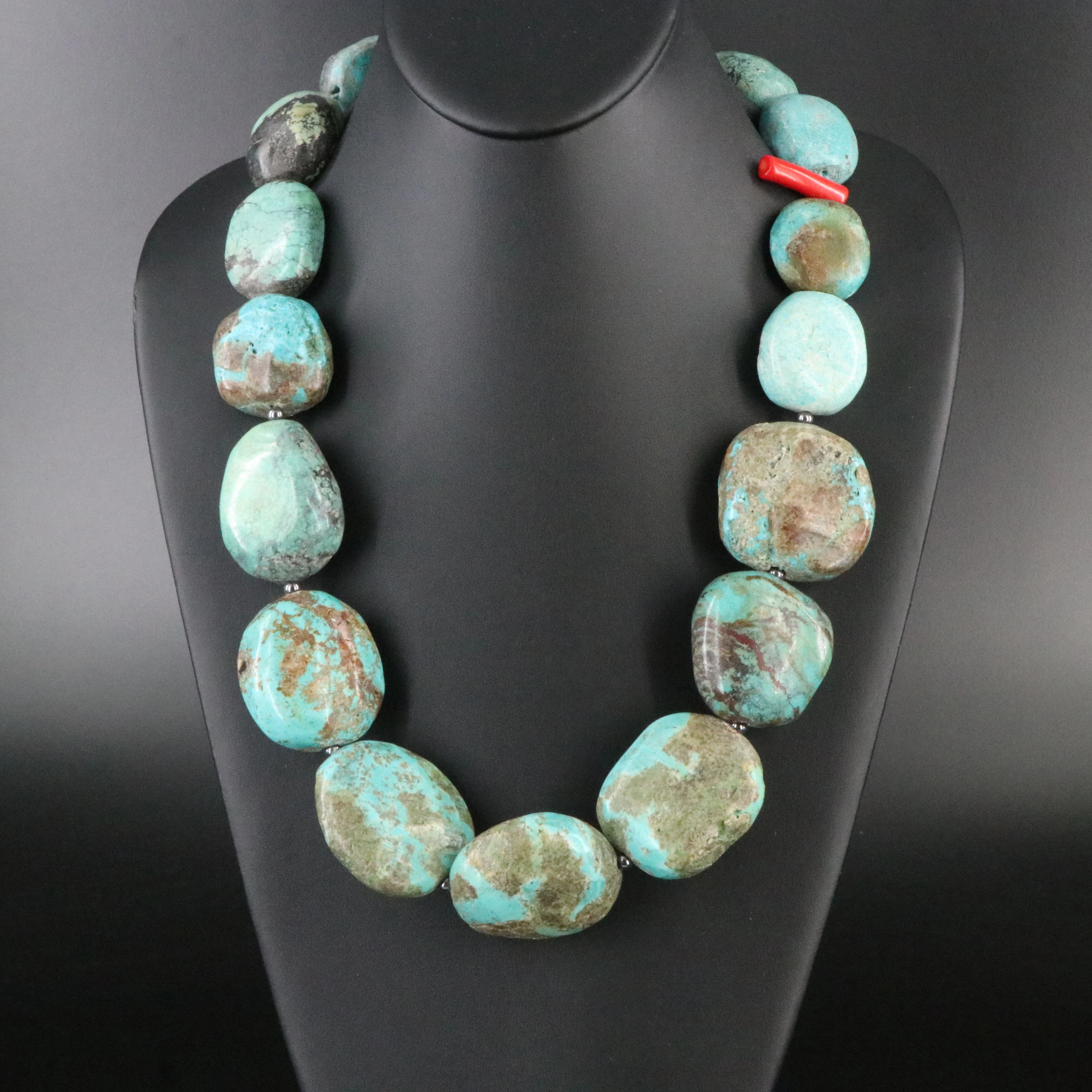 Turquoise Bead Necklace with Coral and Hematite Accents