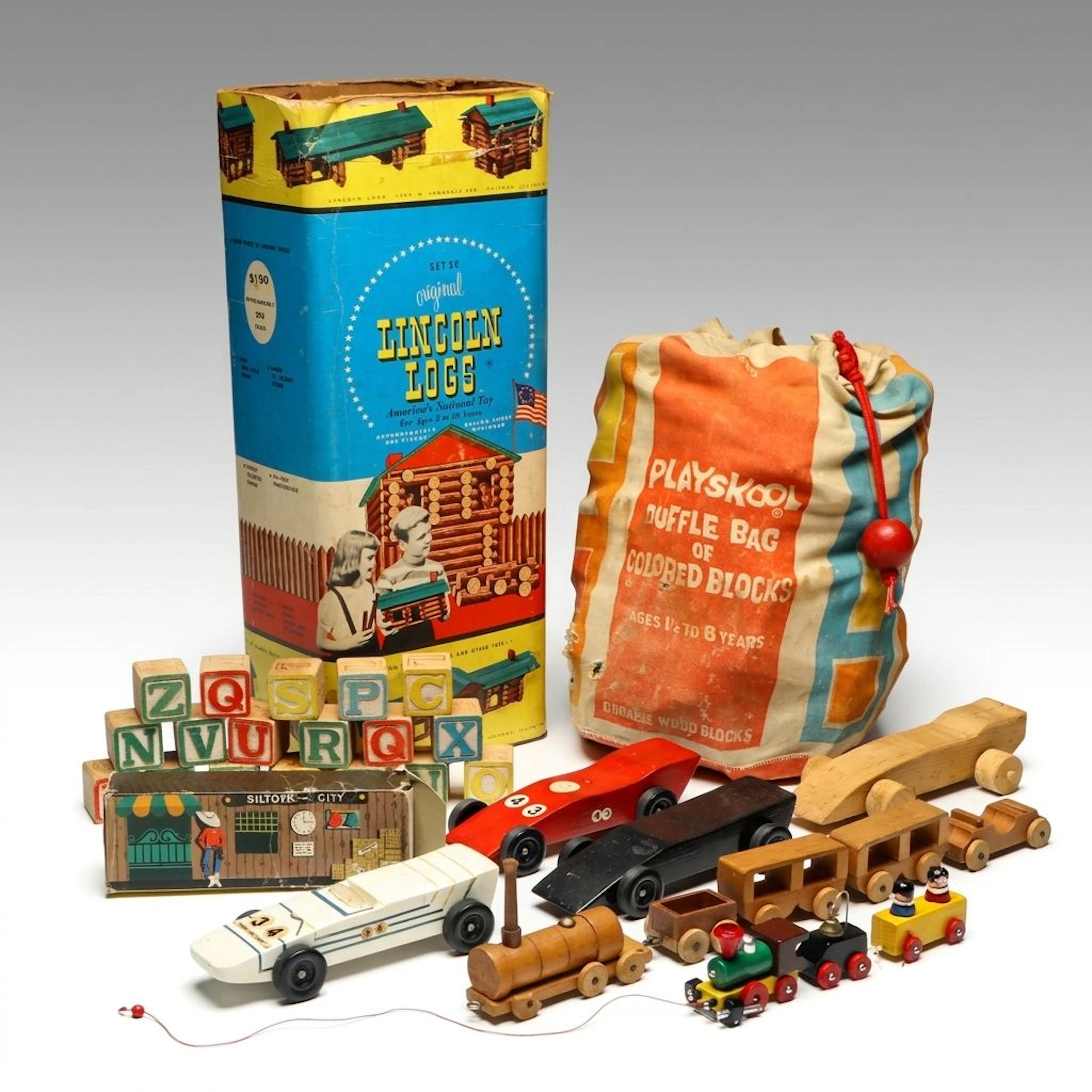 Lincoln Log Set with Playskool Blocks and More Wood Toys, Mid to Late 20th C.