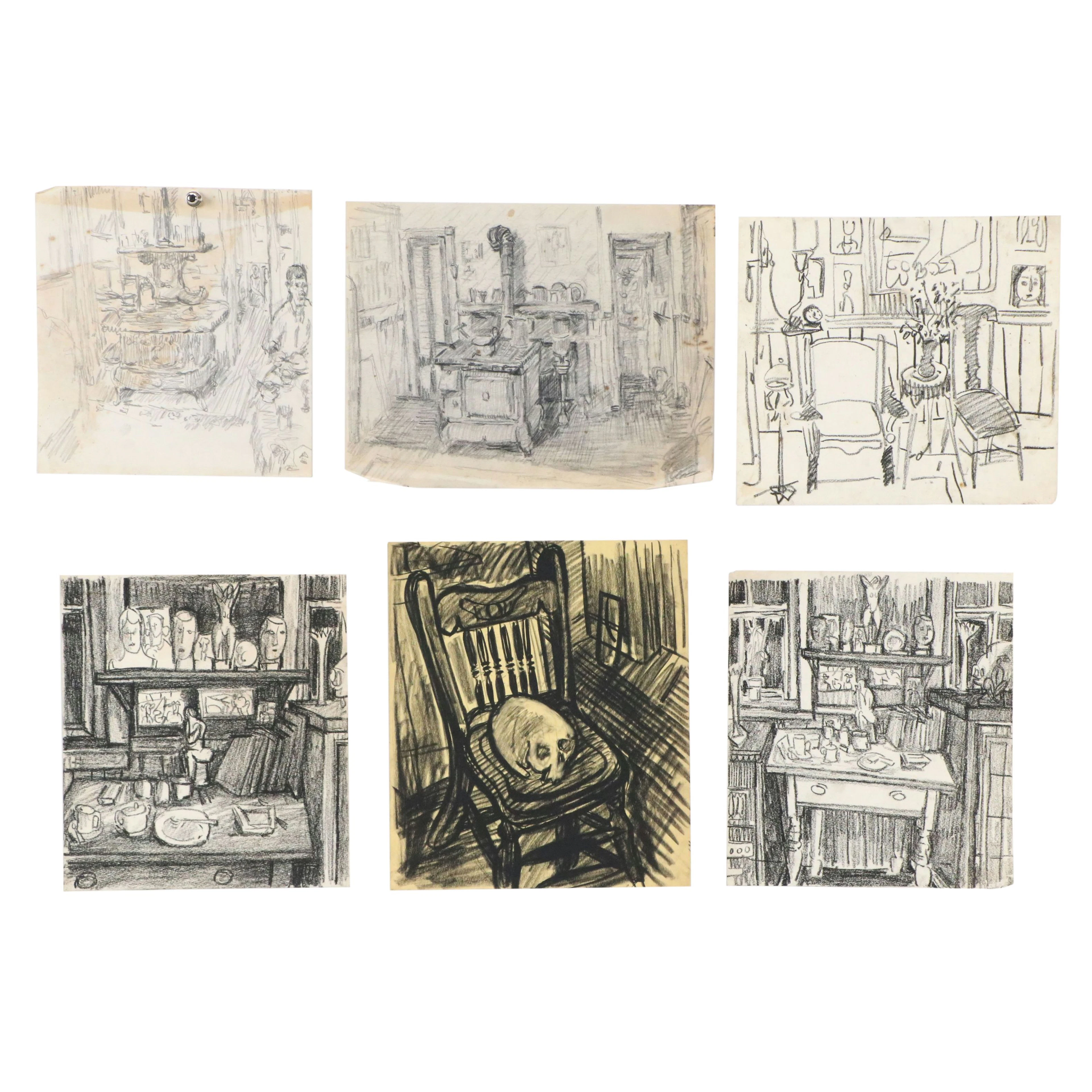 Achillo “Achi” Sullo Graphite and Pastel Drawings of Domestic Interiors