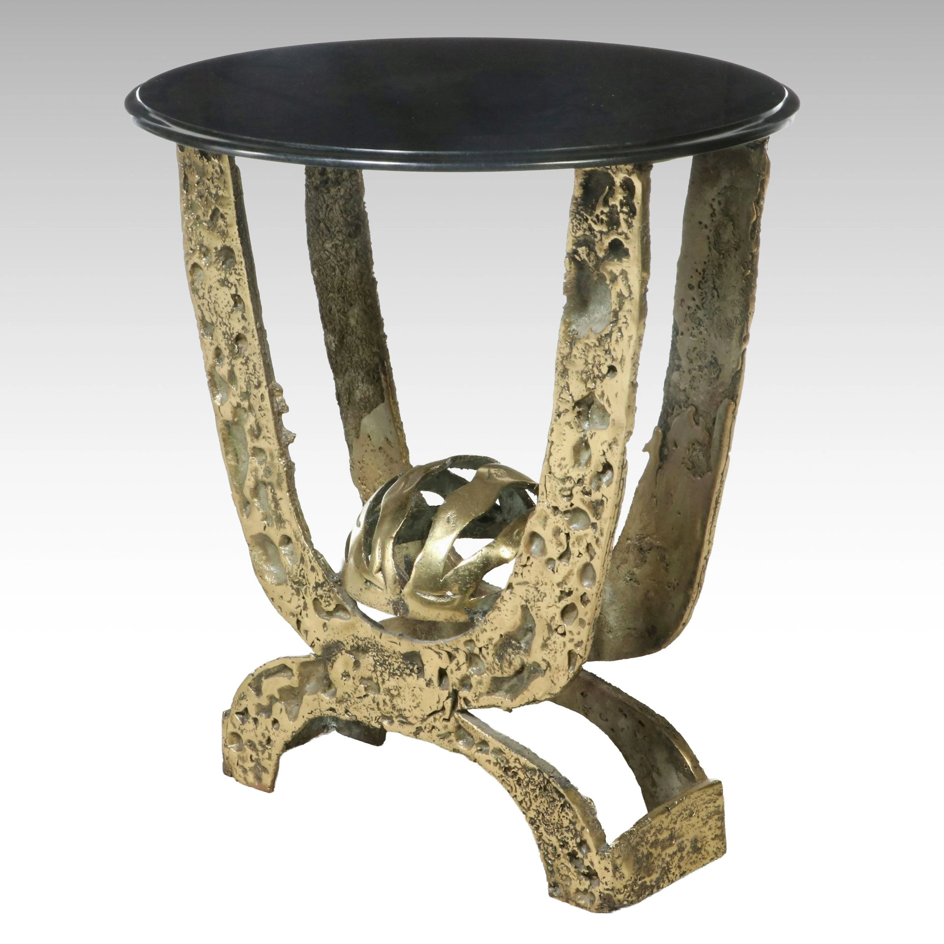Brutalist Black Marble and Bronze Side Table, Manner of Henri Fernandez