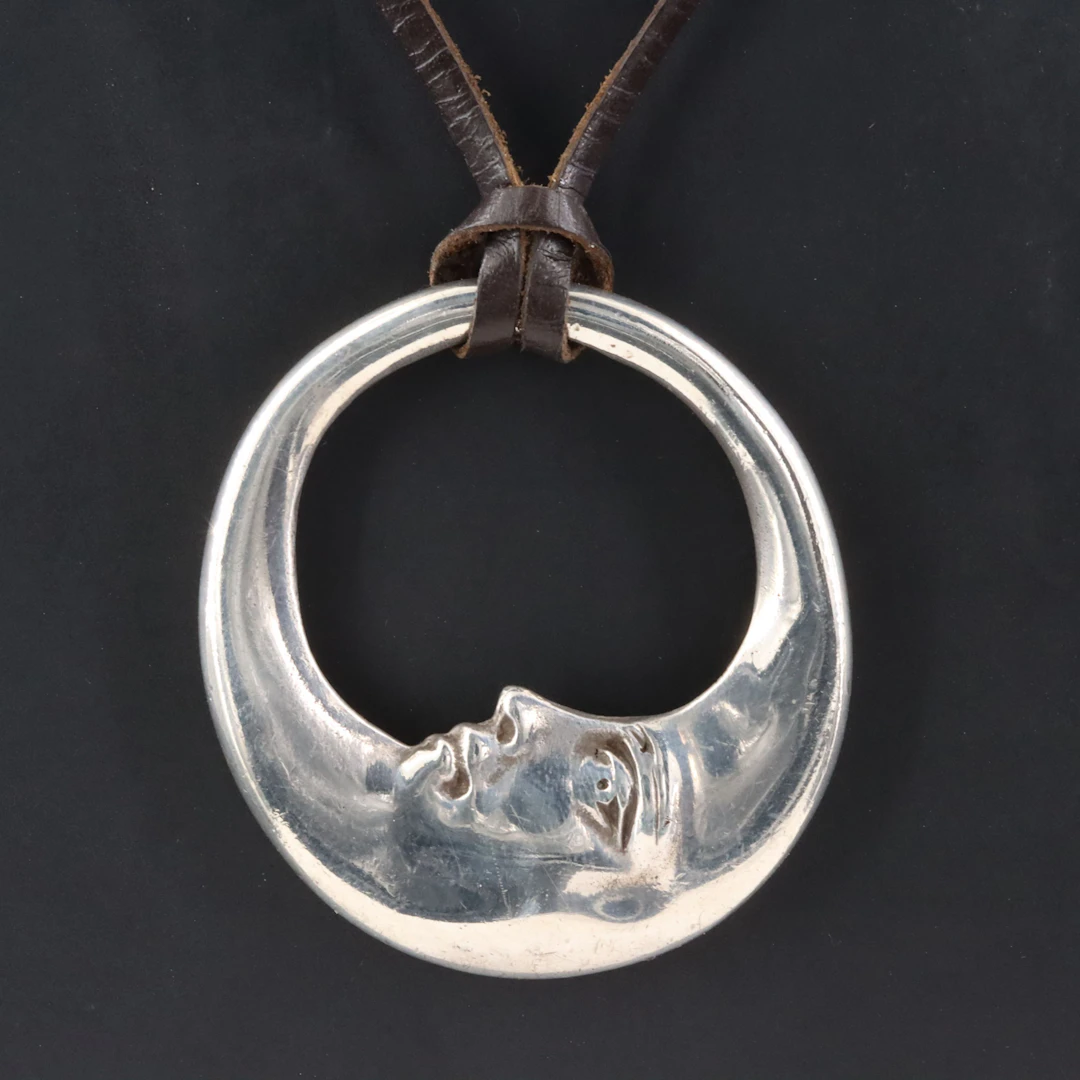 Sterling Crescent Moon & Leather Cord Necklace