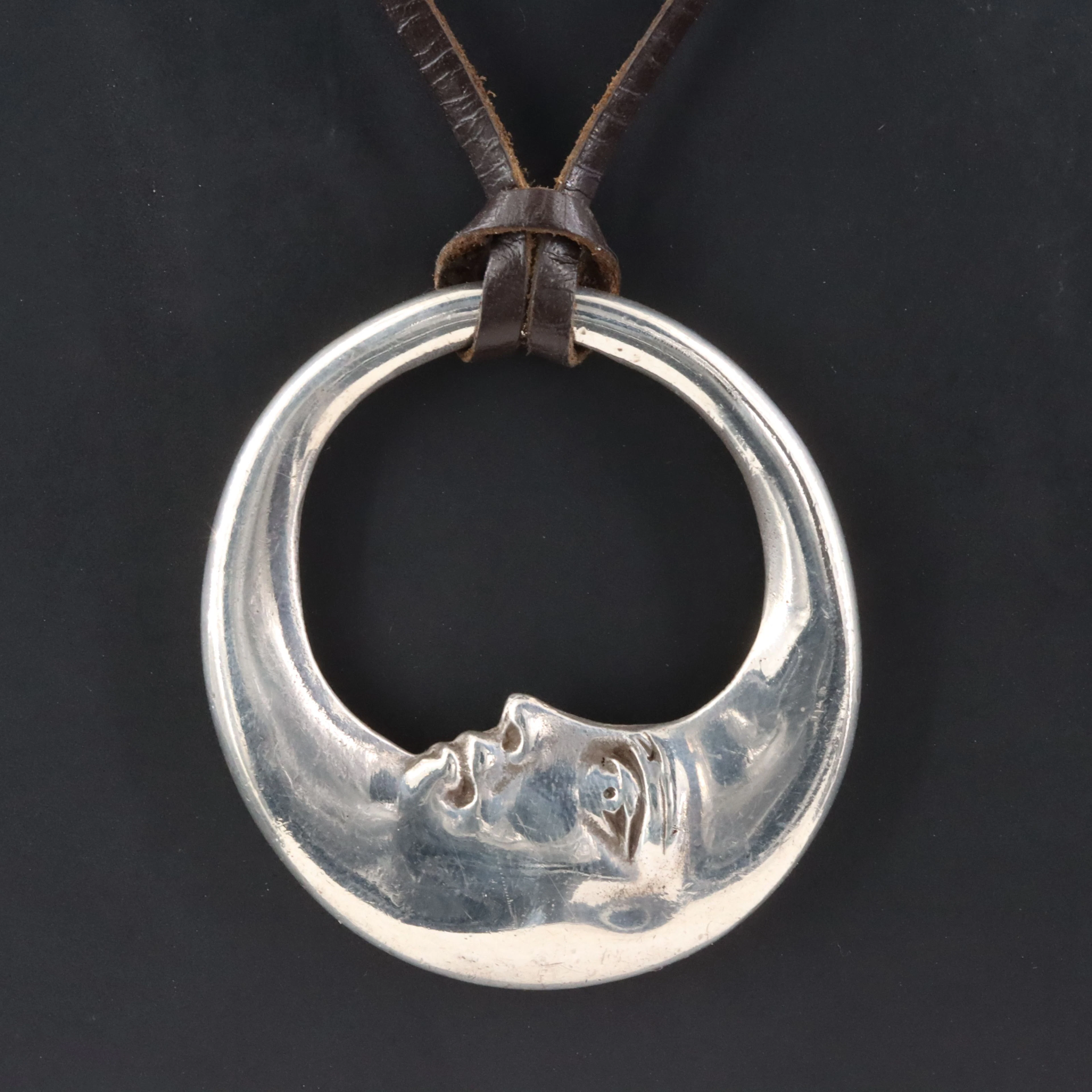 Sterling Crescent Moon & Leather Cord Necklace
