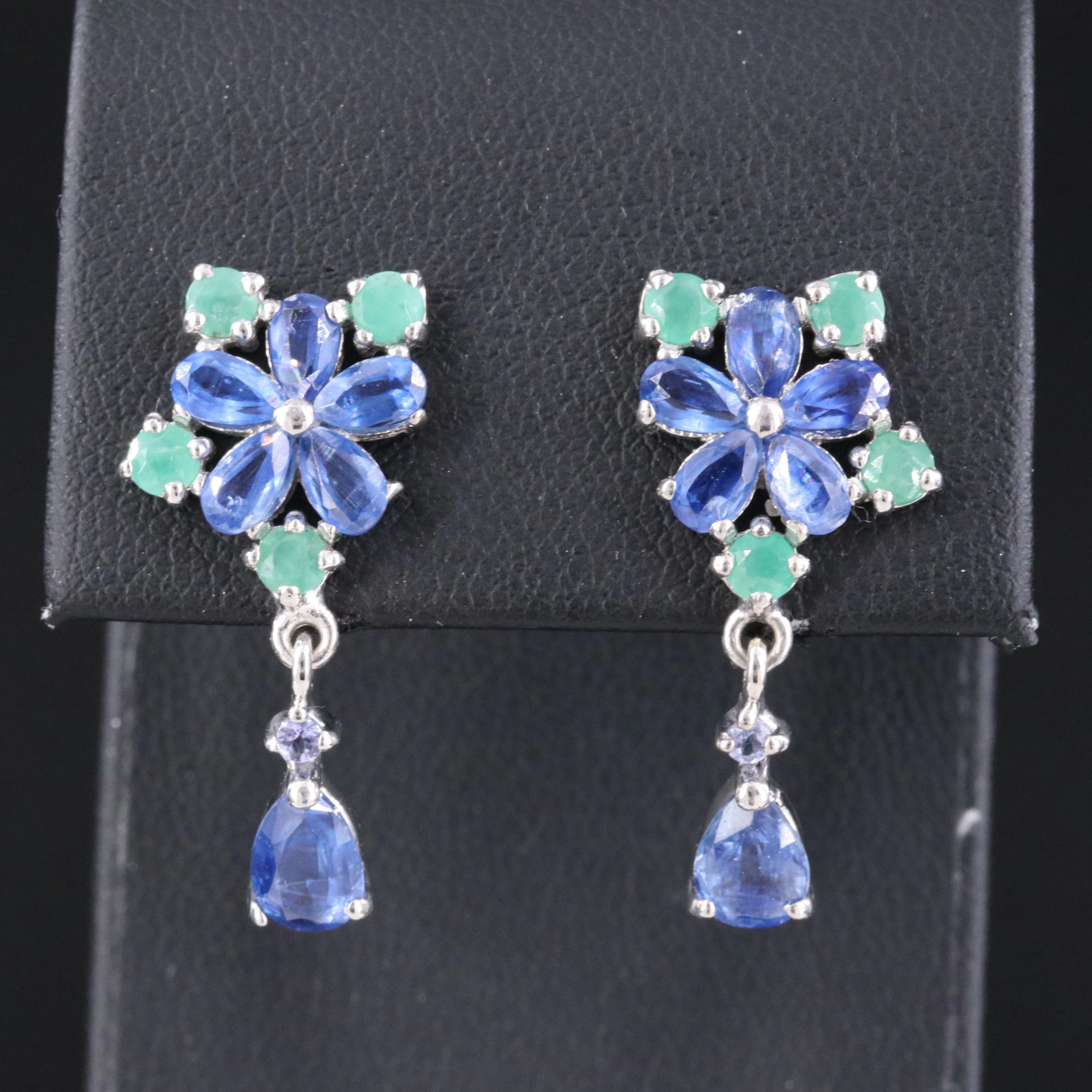 Sterling Kyanite and Emerald Floral Earrings