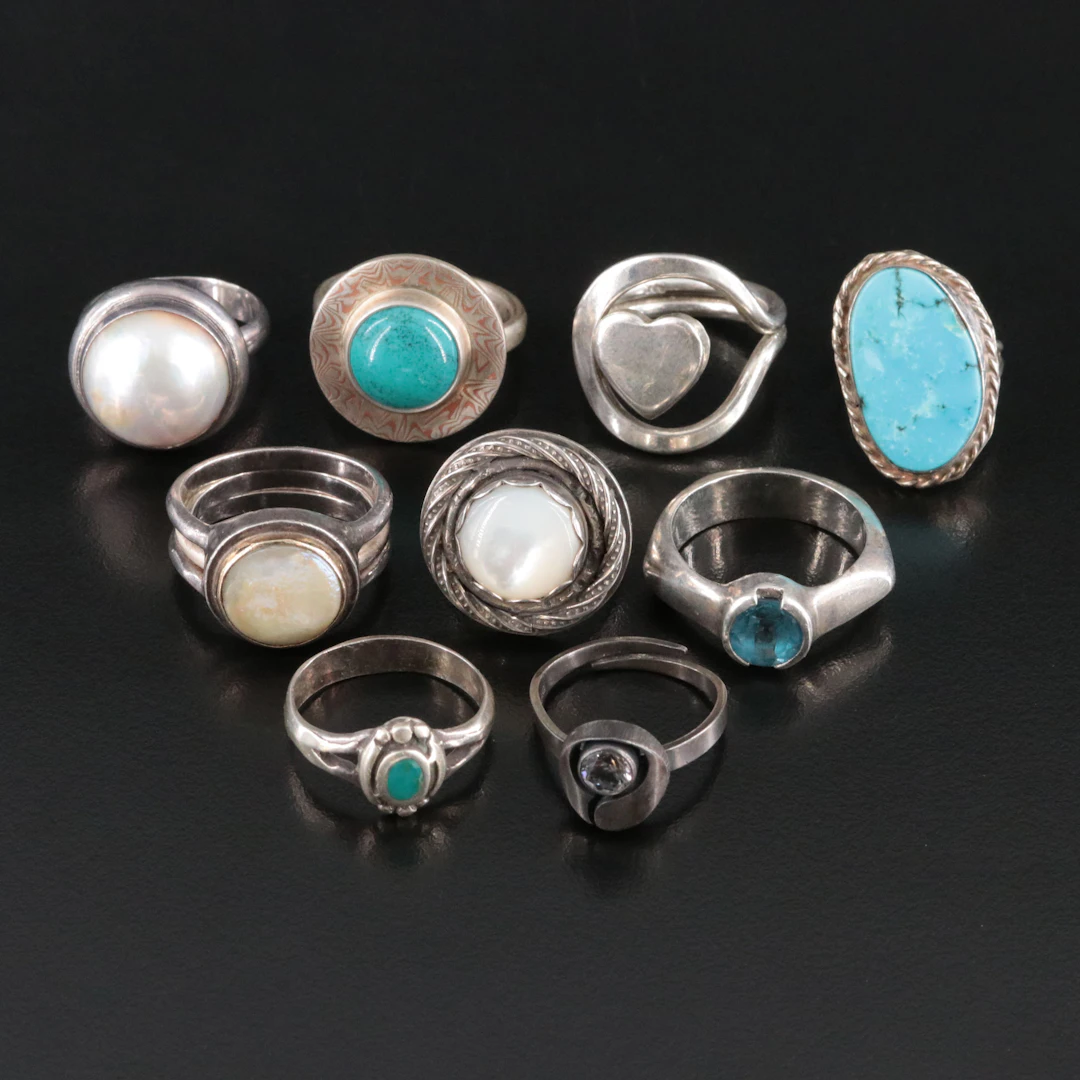 Pearl, Turquoise and Mother-of-Pearl Featured in Sterling Rings