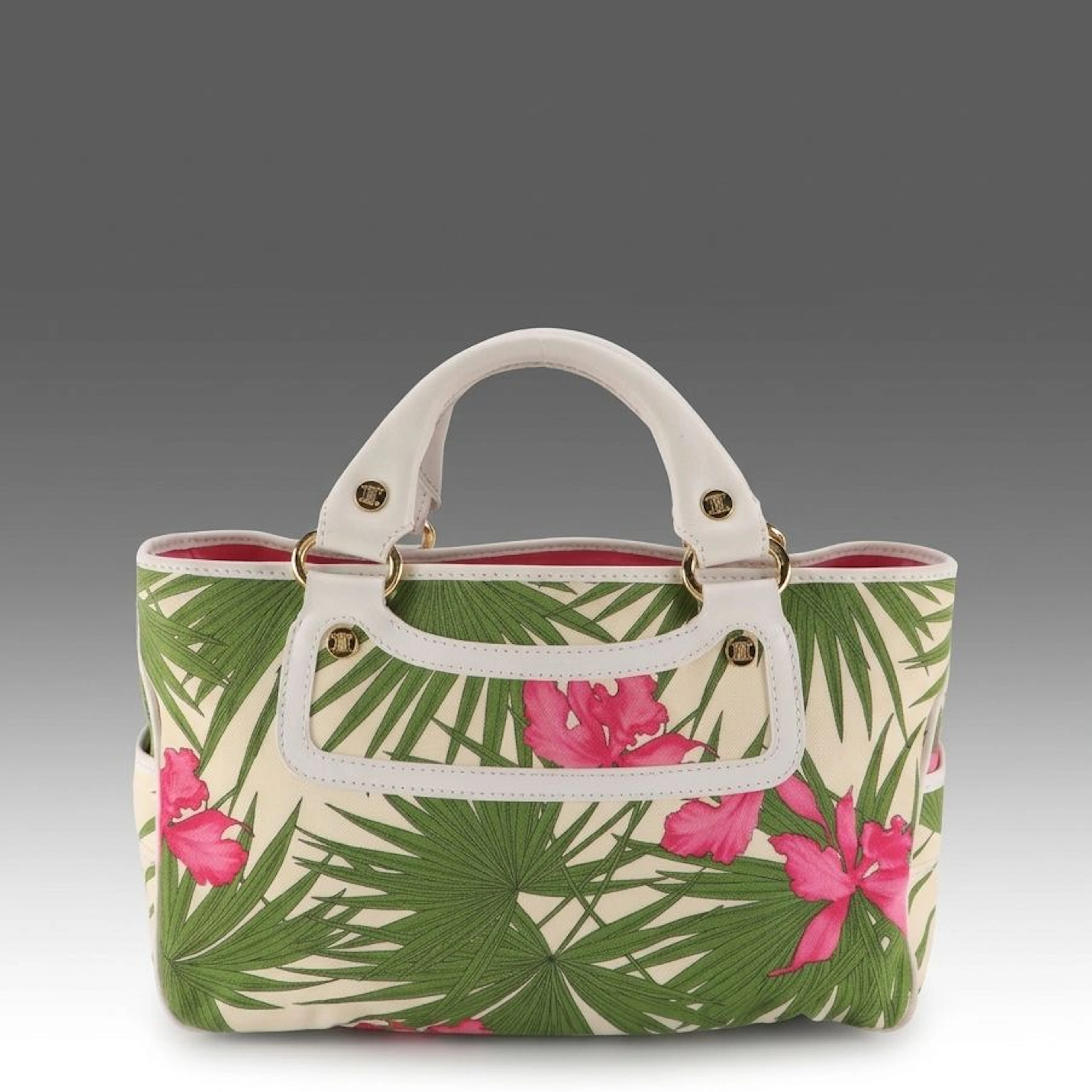 Céline Boogie Handbag in Tropical Flower Print Canvas and White Leather Trim