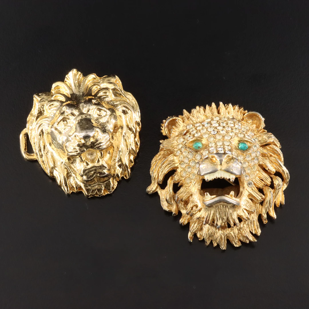 Lion Rhinestone Brooch & Partial Belt Buckle