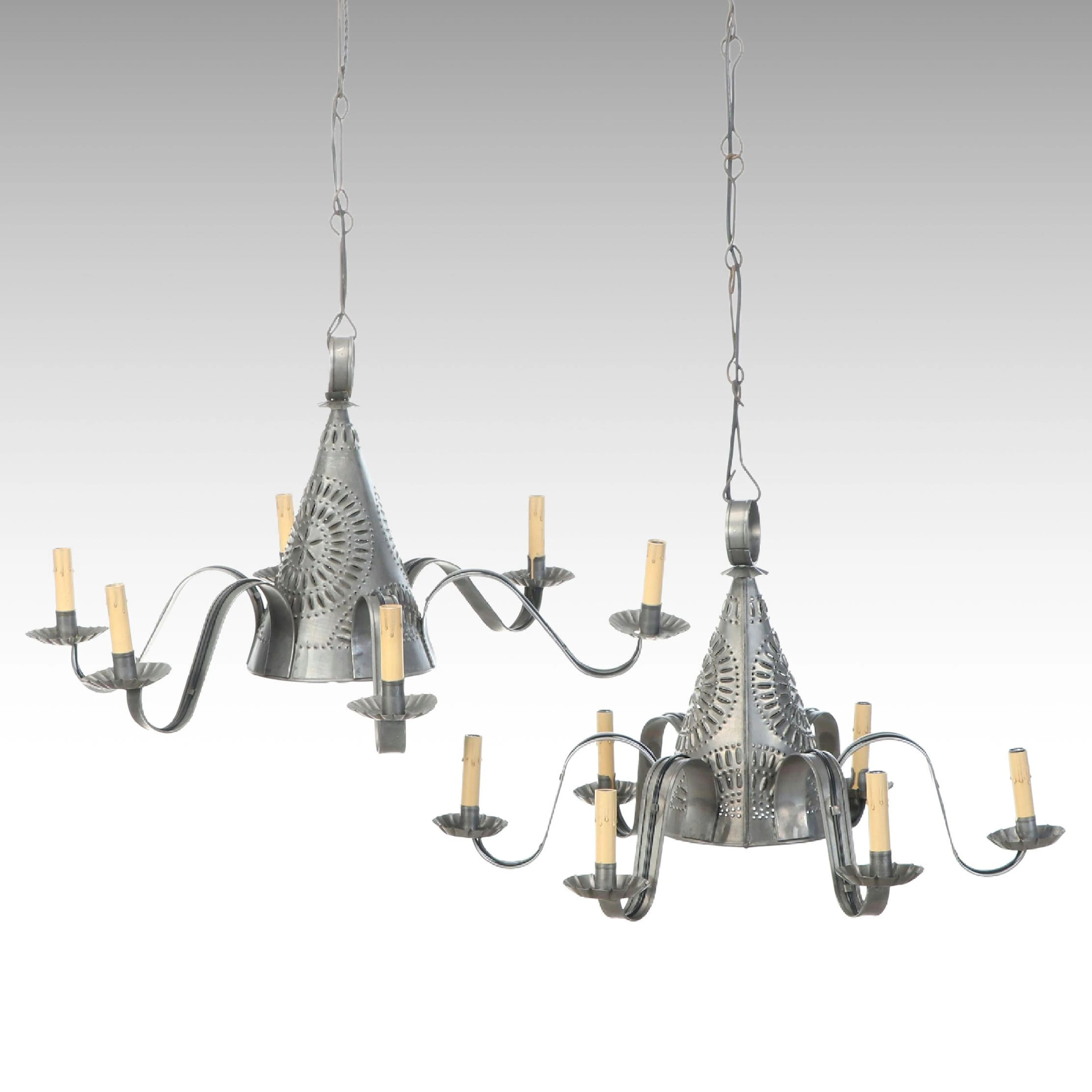 American Colonial Style Pierced Metal Six-Arm Tin Chandeliers