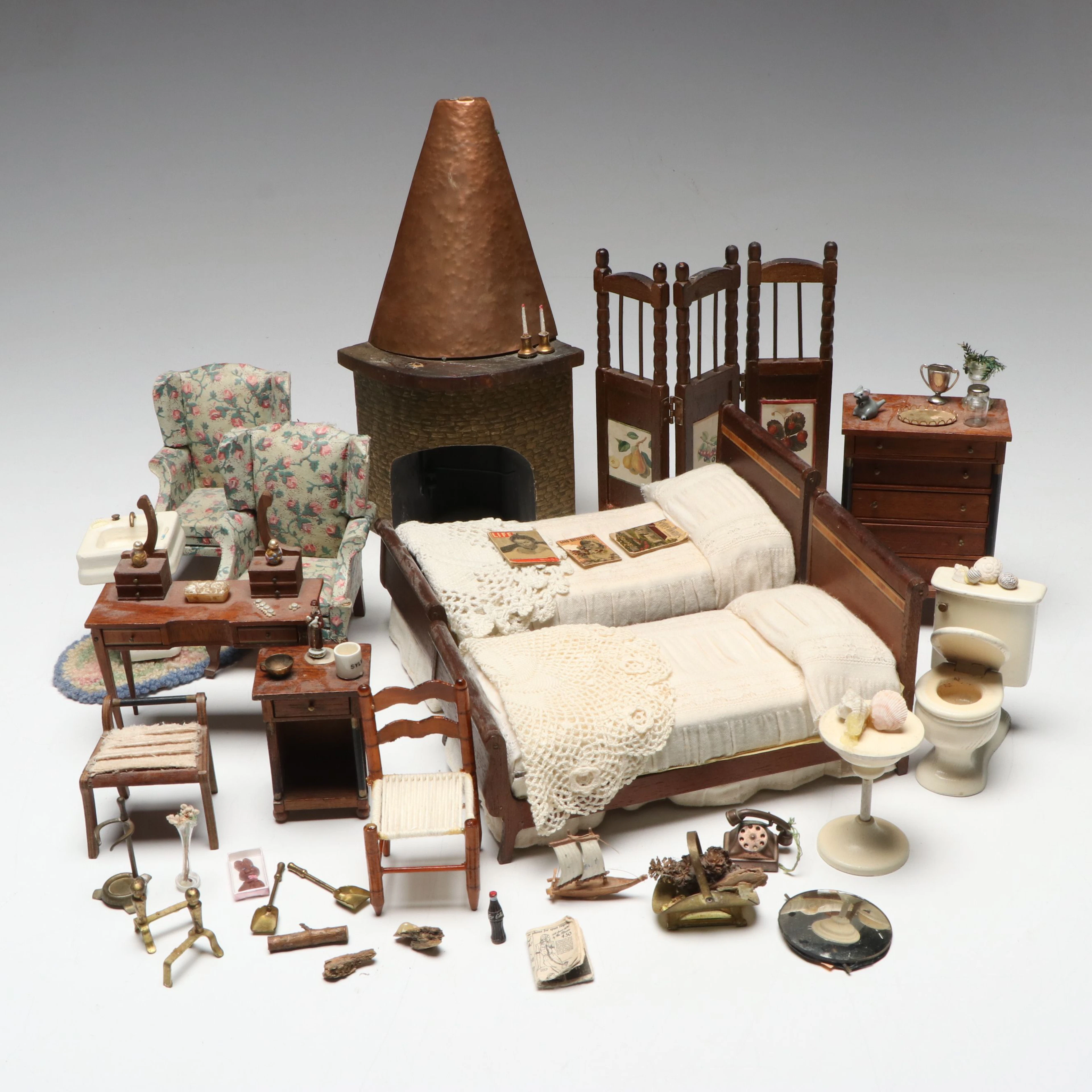 Hammered Copper Fireplace with More Miniature Bed and Bath Furniture, Vintage