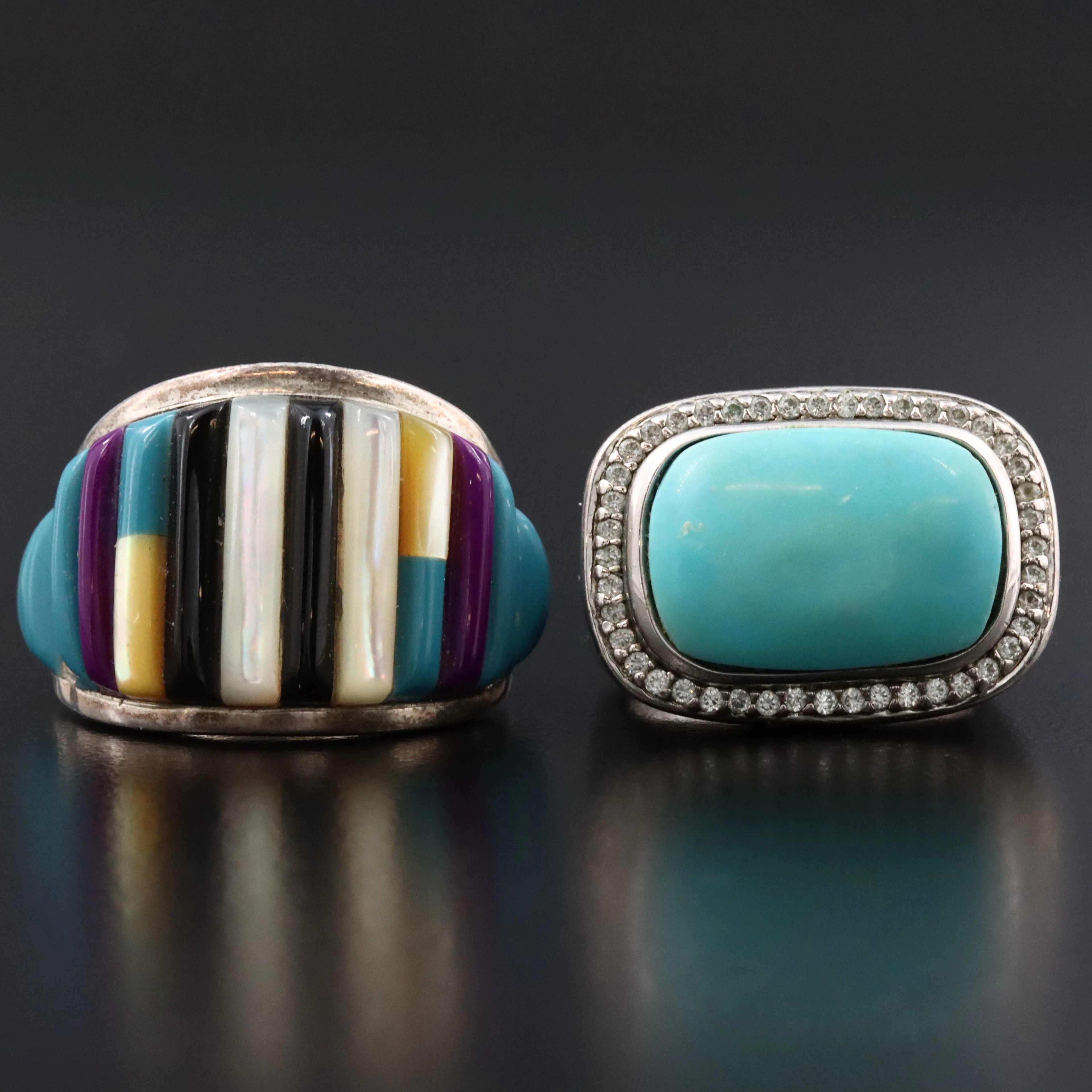 Artist Signed Sterling Rings Featuring Howlite, Turquoise, and Mother-of-Pearl