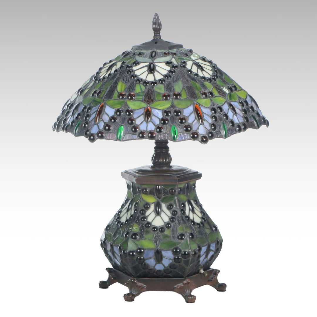 Art Nouveau Style Footed Stained Glass Table Lamp