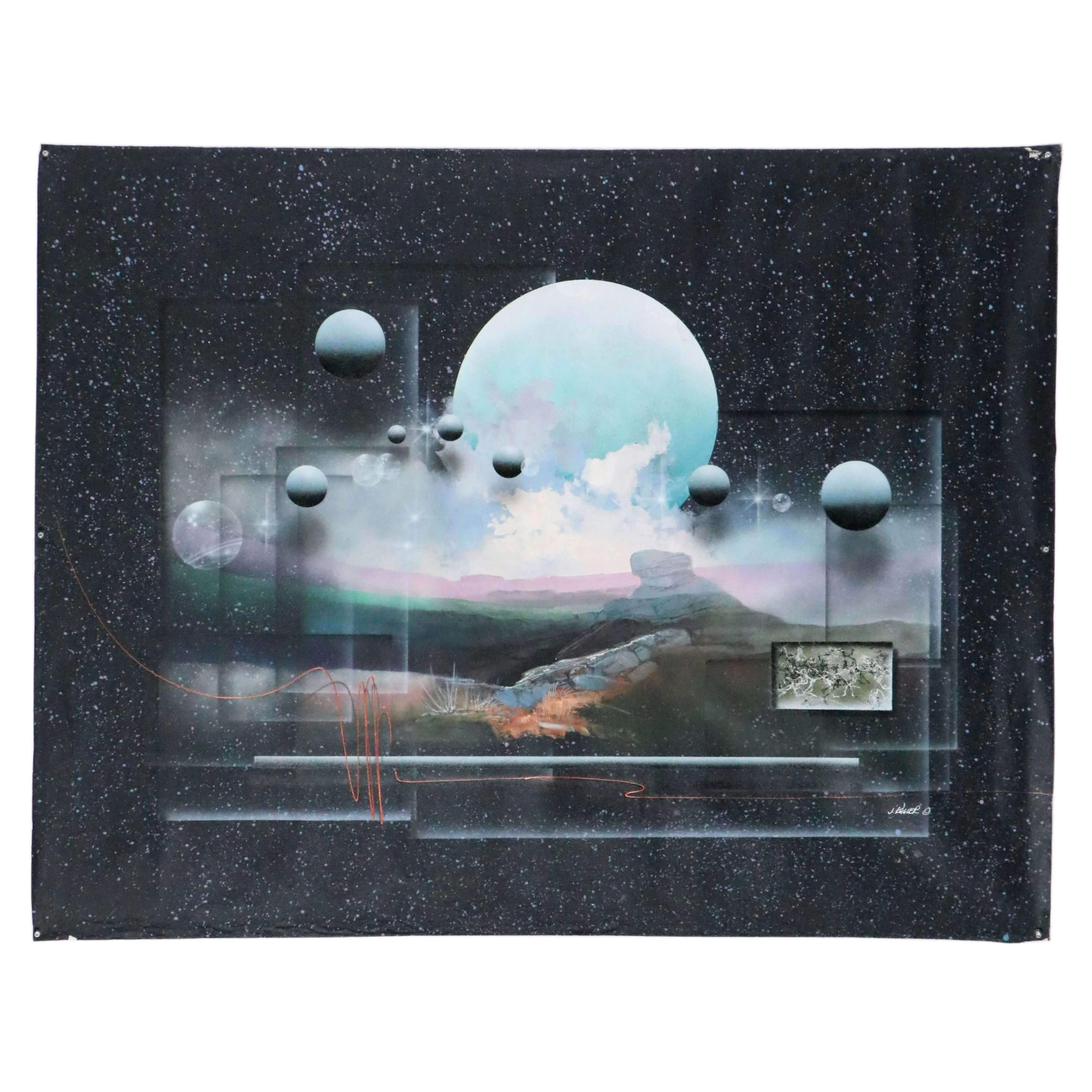 Josef Kugler Surreal Cosmic Landscape Mixed Media Painting, Late 20th Century