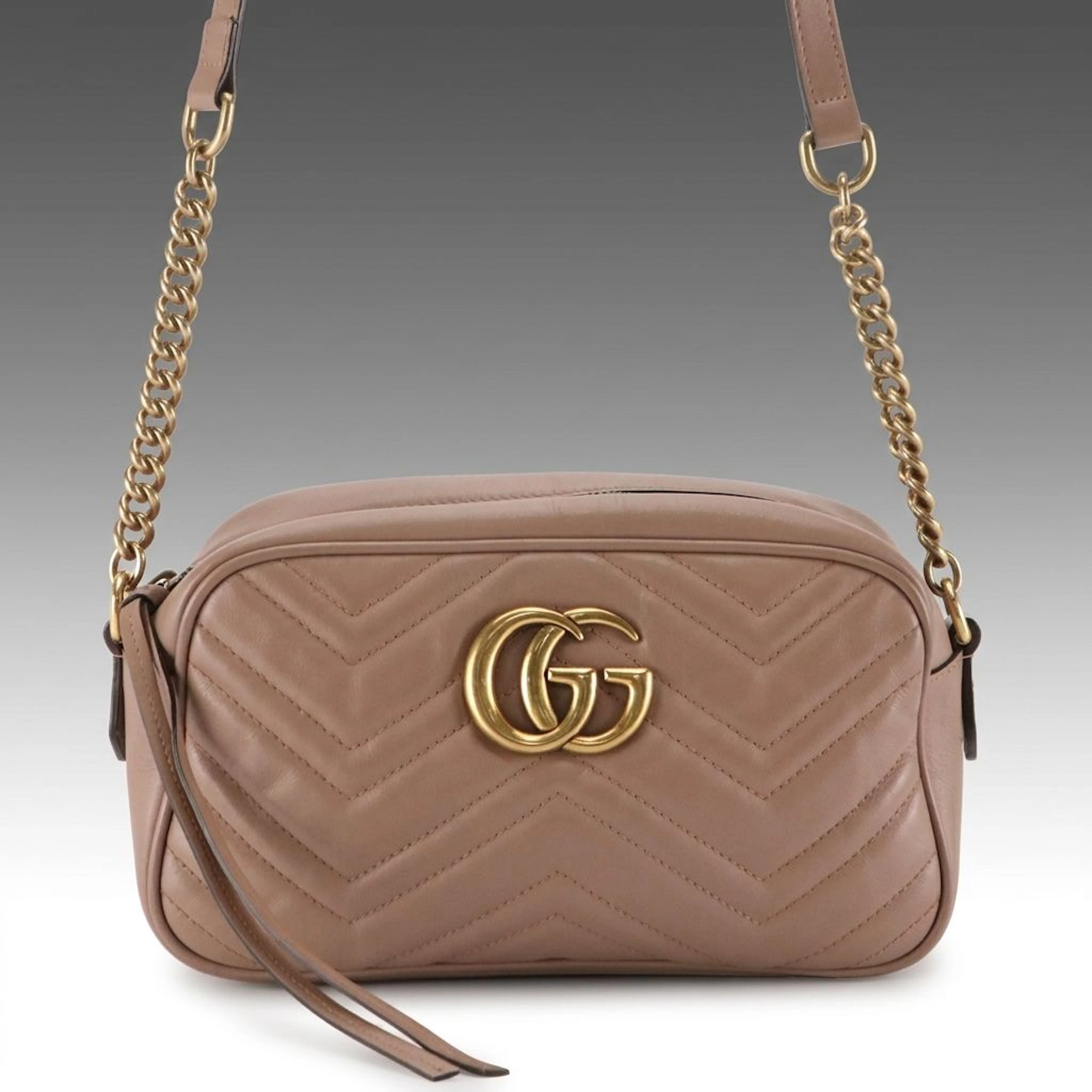 Gucci Small GG Marmont Camera Bag in Dusty Rose Matelassé Calfskin Leather
