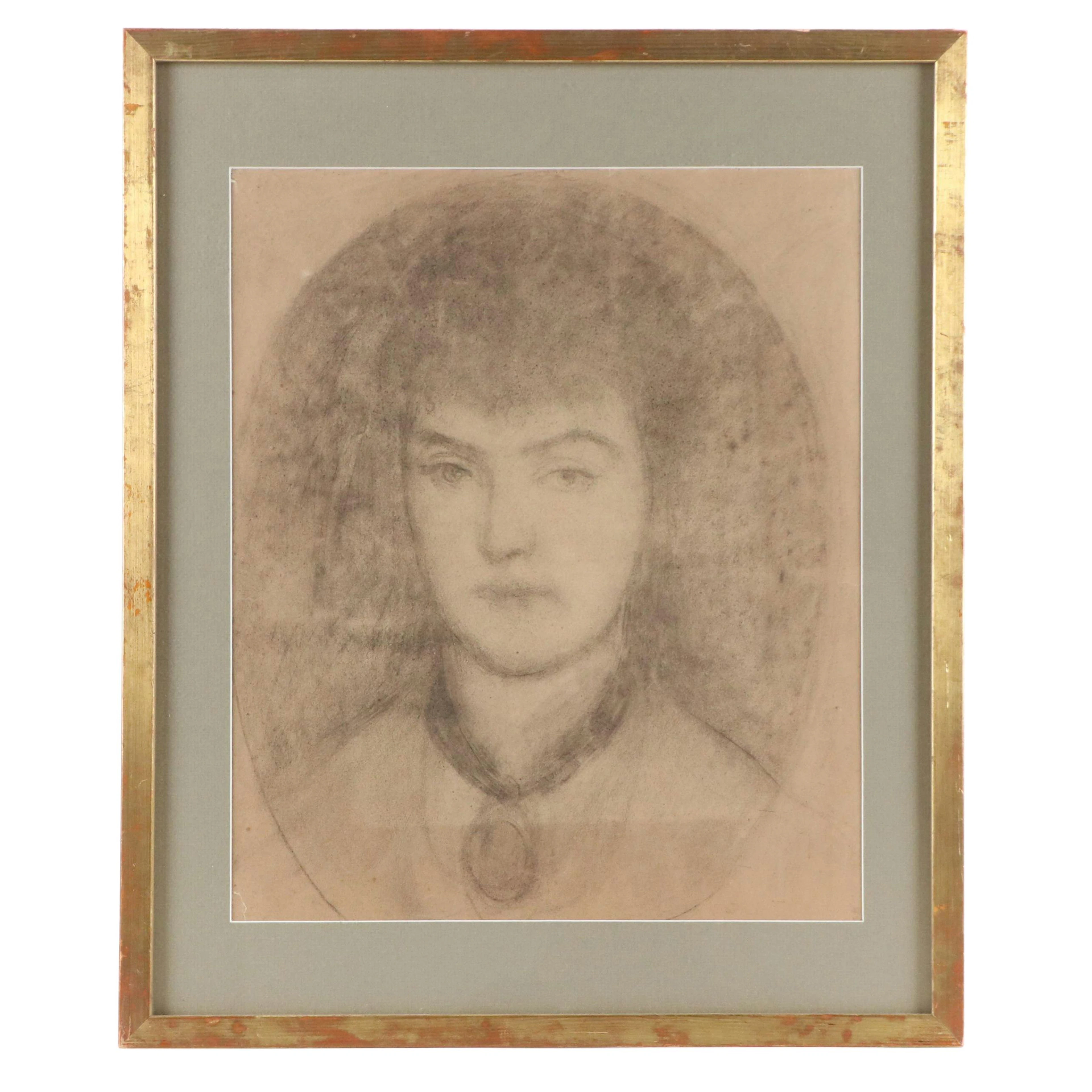 Fernand Khnopff Crayon Portrait Drawing of Young Woman, Late 19th