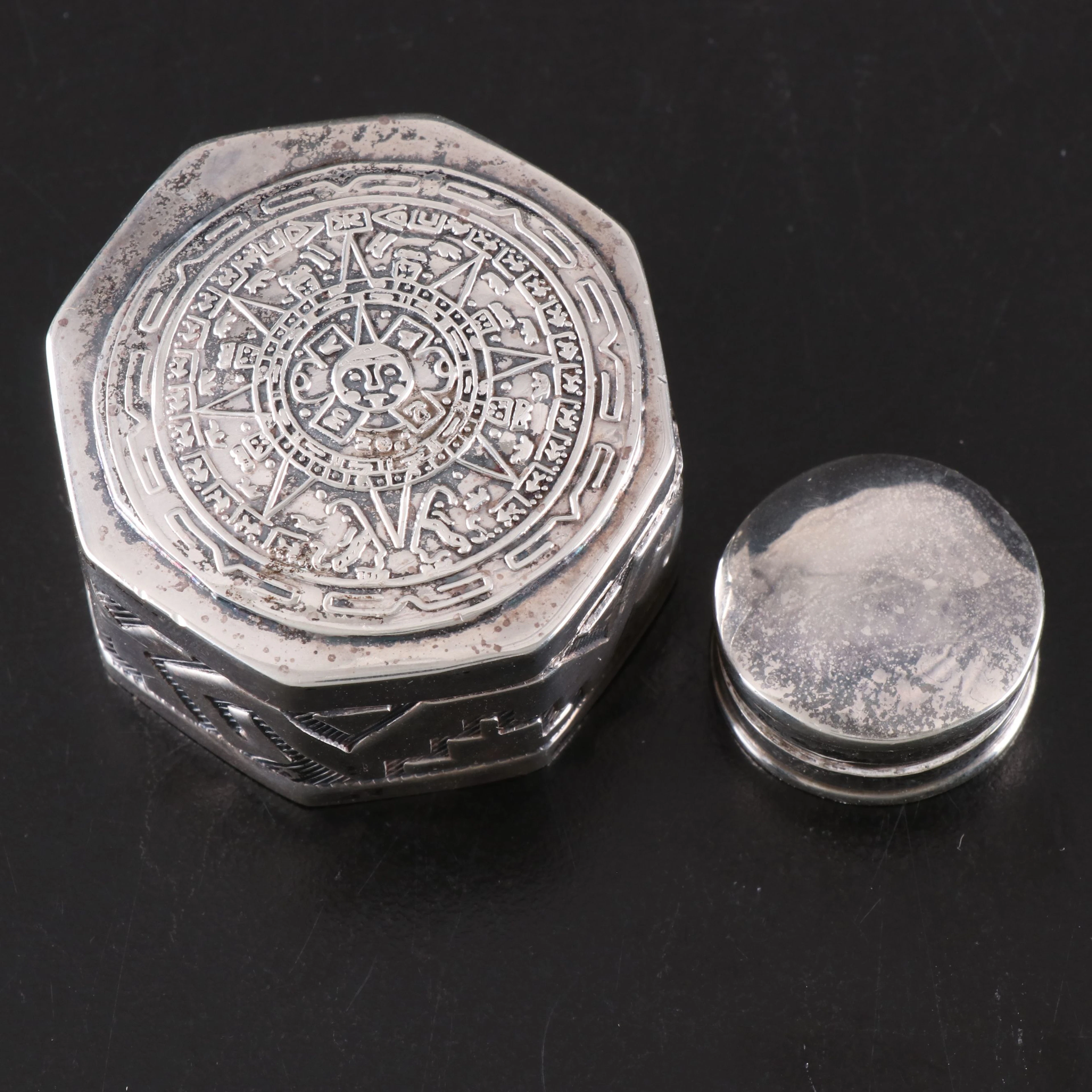 Mexican Aztec Calendar Etched Sterling Silver Pillbox with Other
