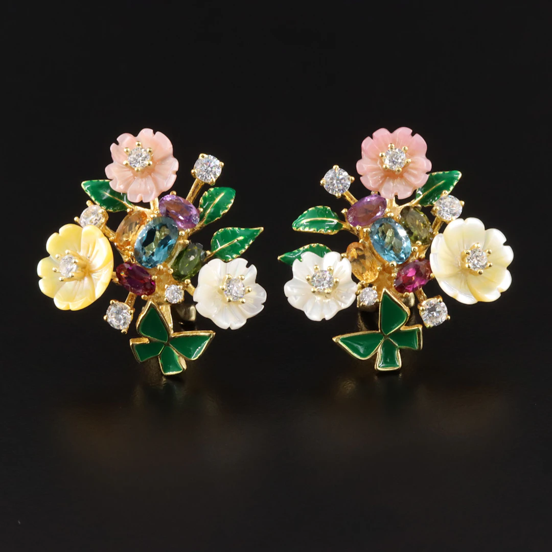 Sterling Mother-of-Pearl Flower Cluster Earrings with Blue Topaz and Garnet