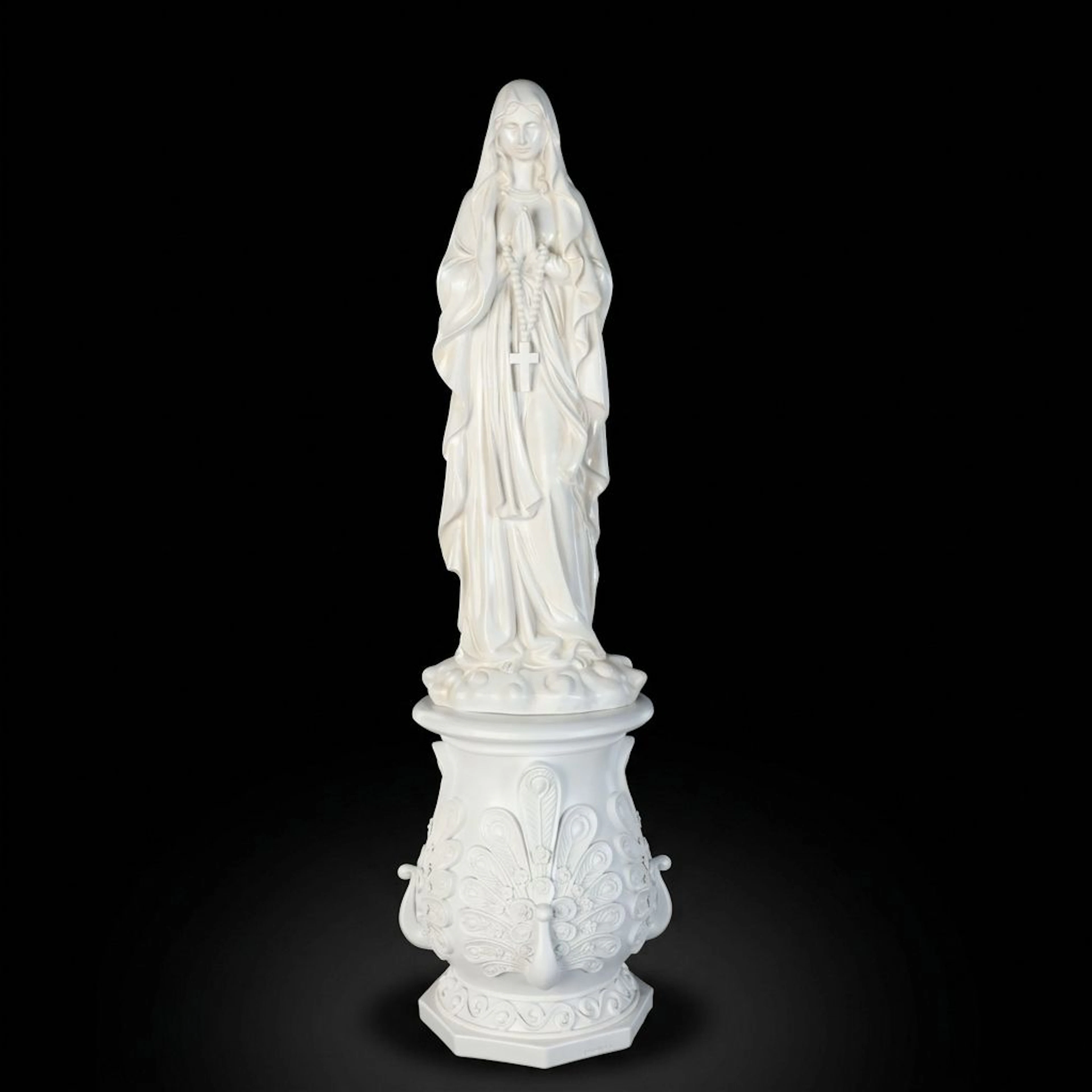 Neoclassical Style Virgin Mary Statue on Peacock Motif Pedestal