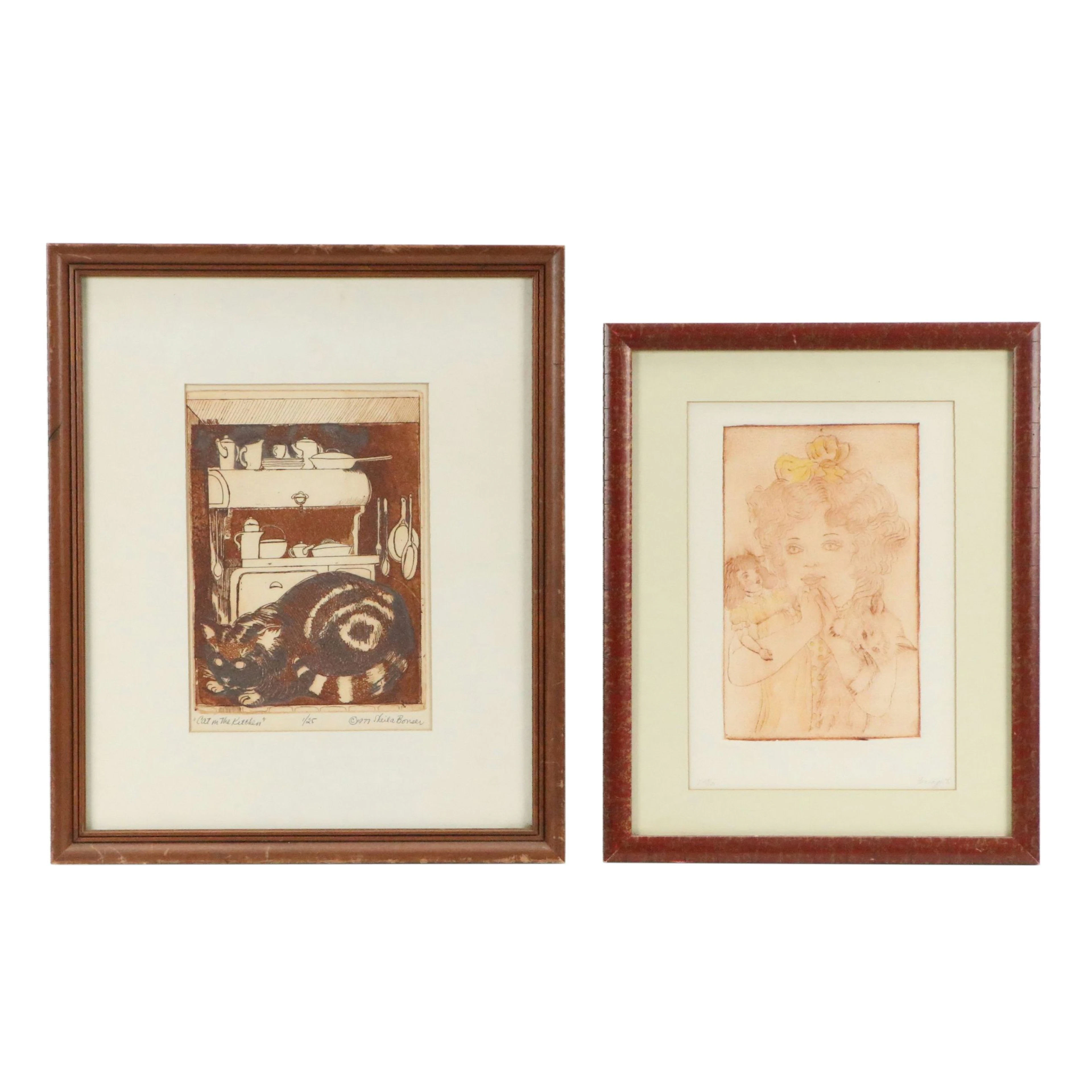 Sheila Bonser Etching with Aquatint "Cat in the Kitchen" and Other Print, 1977