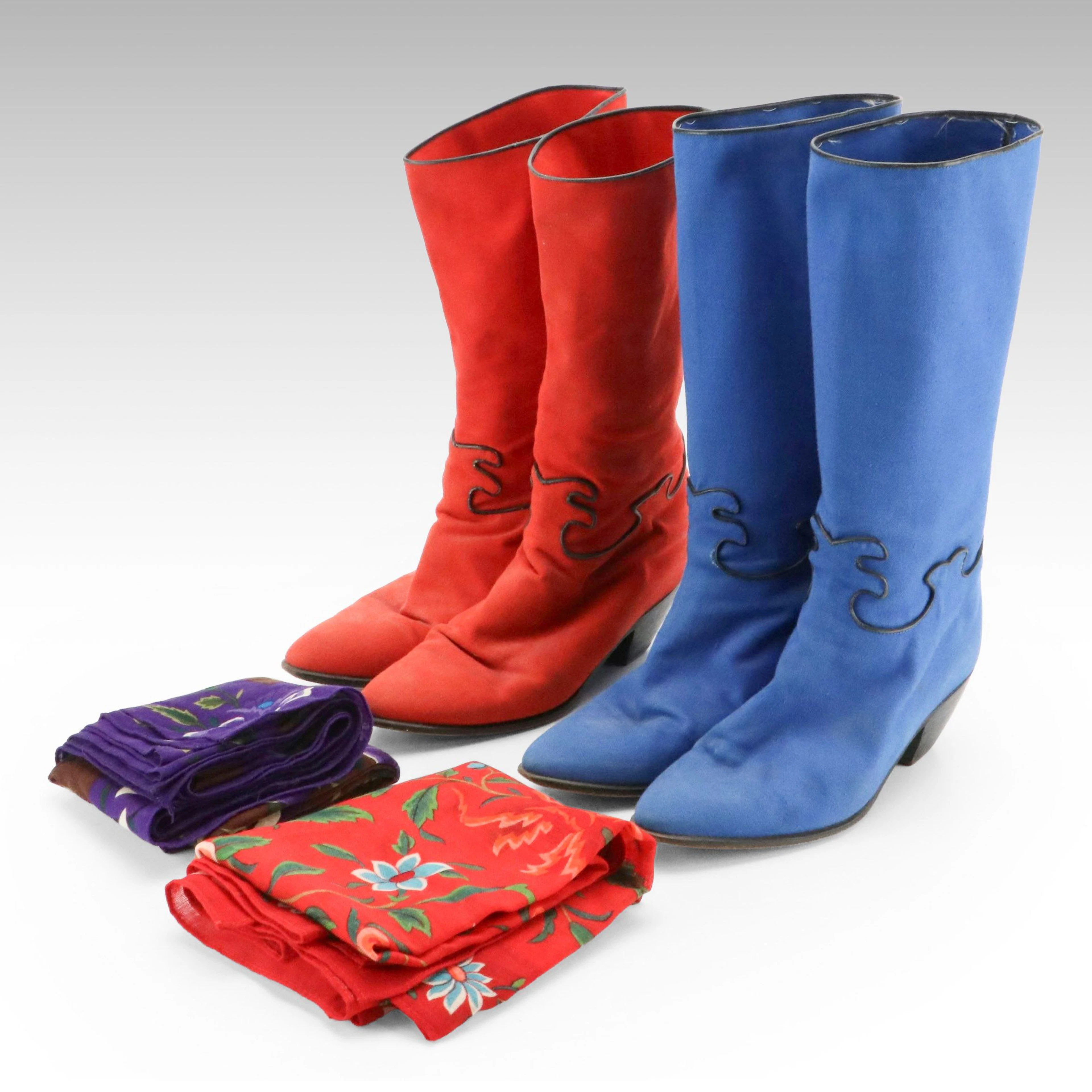 Vintage Maud Frizon Red and Blue Canvas Cowboy Boots with Kenzo Wool Scarves