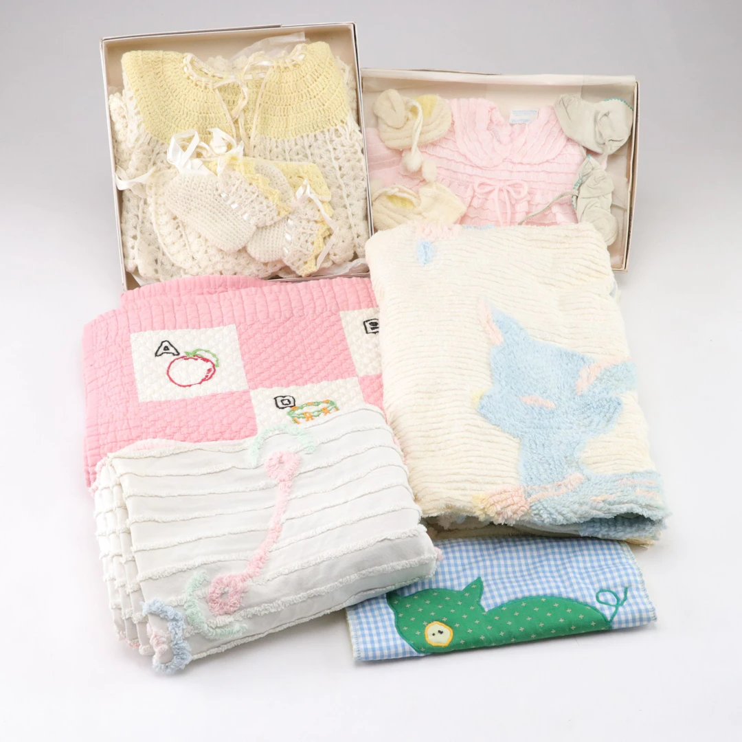 Lasalle's and Friemanit Crochet Baby Clothes with Appliqué & Chenille Quilts