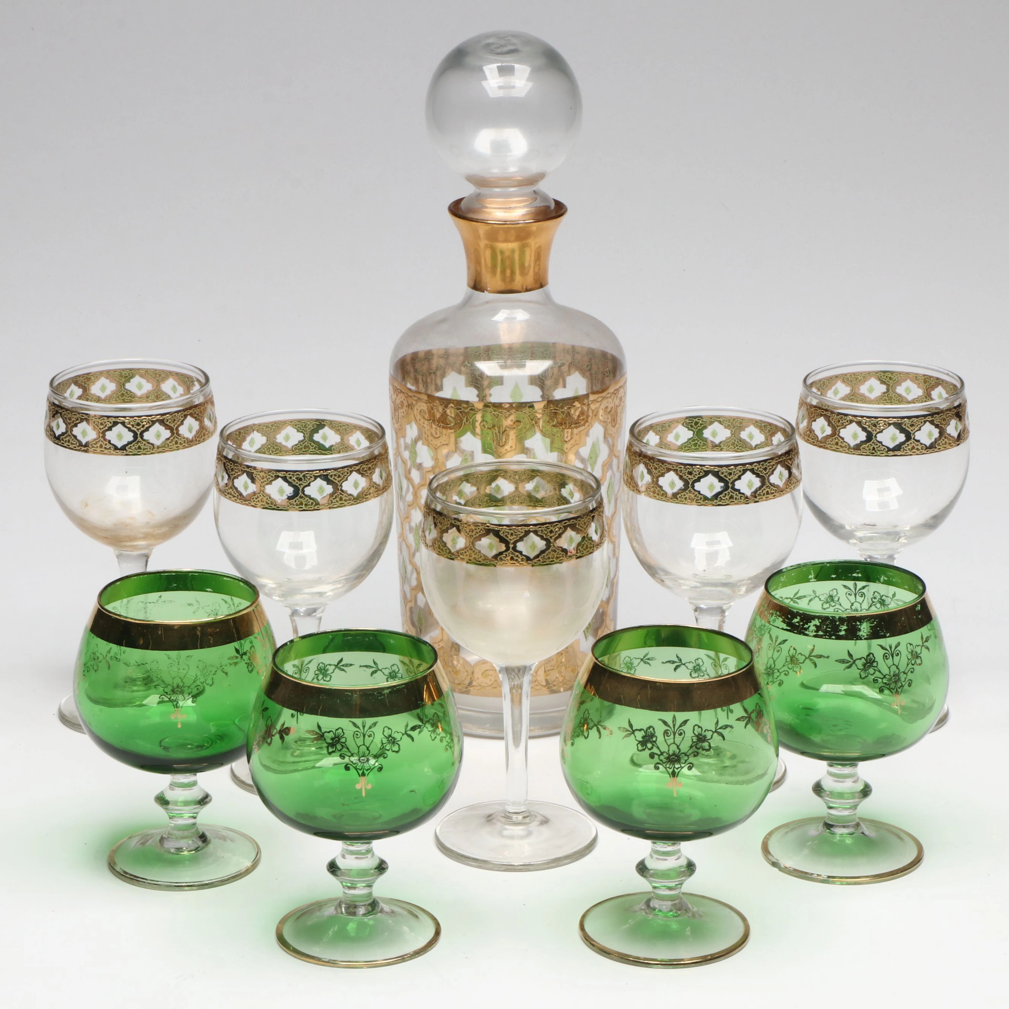 Culver "Valencia" Decanter and Wine Glasses with Brandy Glasses, Vintage