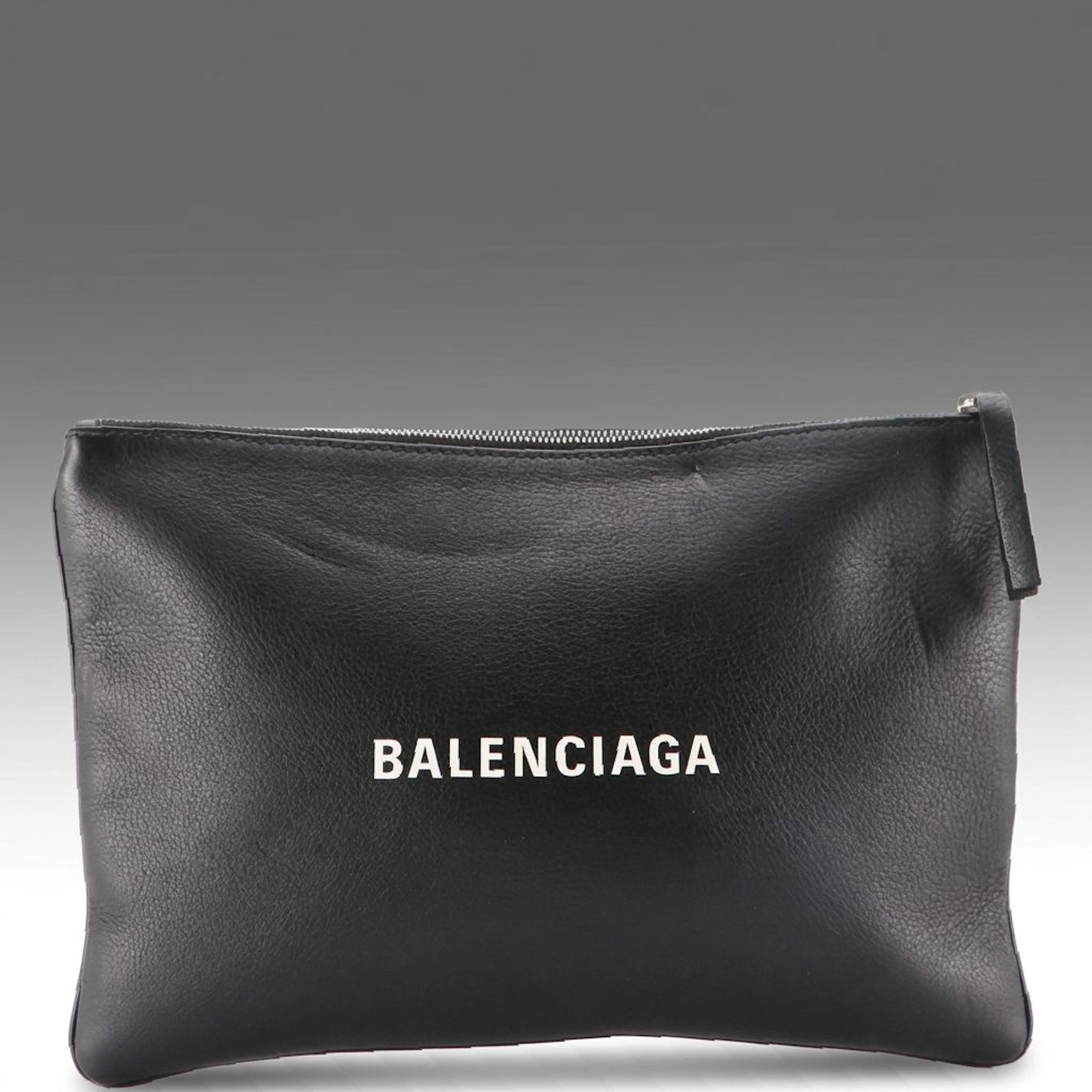 Balenciaga Black Grained Leather Signature Everyday Zip Clutch