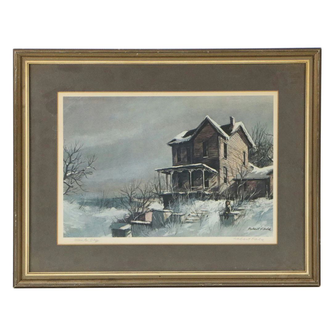 Robert Fabe Architectural Offset Lithograph "Winter Day," 20th Century