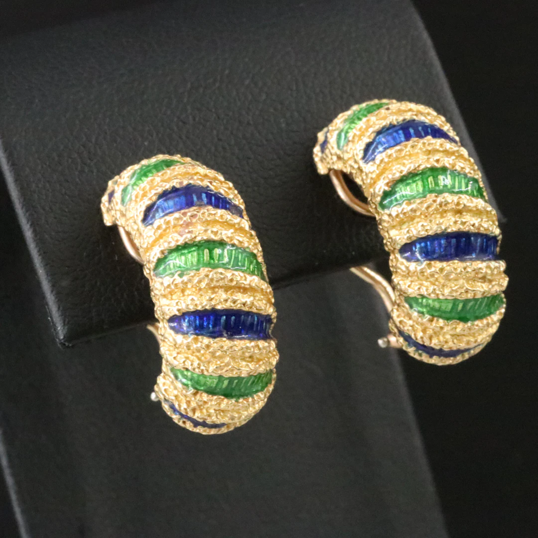 Vintage Tiffany & Co. 18K Fluted Enamel Half Hoop Earrings