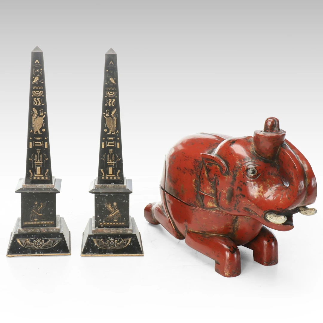 Egyptian Revival Black Finished Obelisks and Southeast Asian Elephant Box