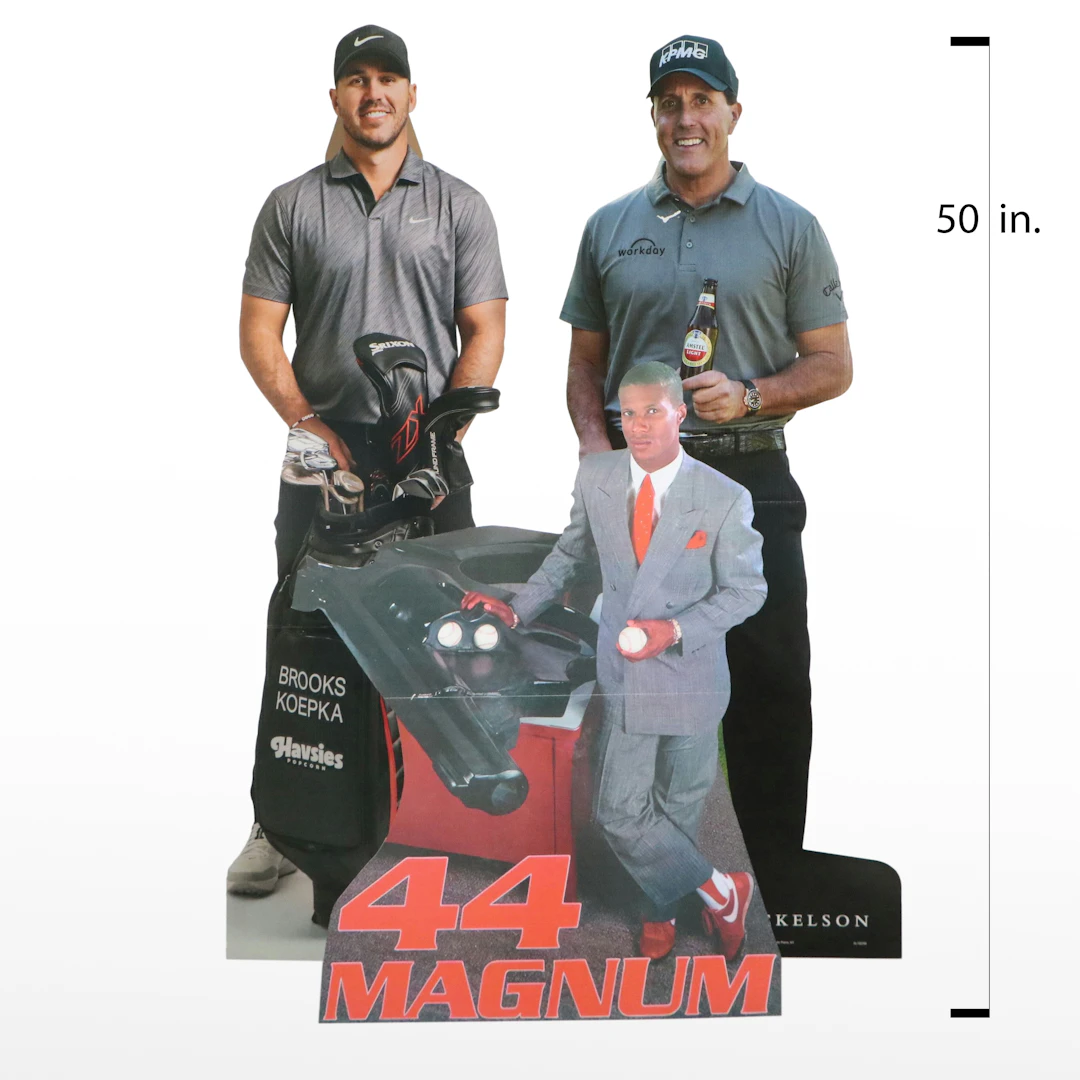 Three Large Display Cutouts of Eric Davis, Phil Mickelson, and Brooks Koepka