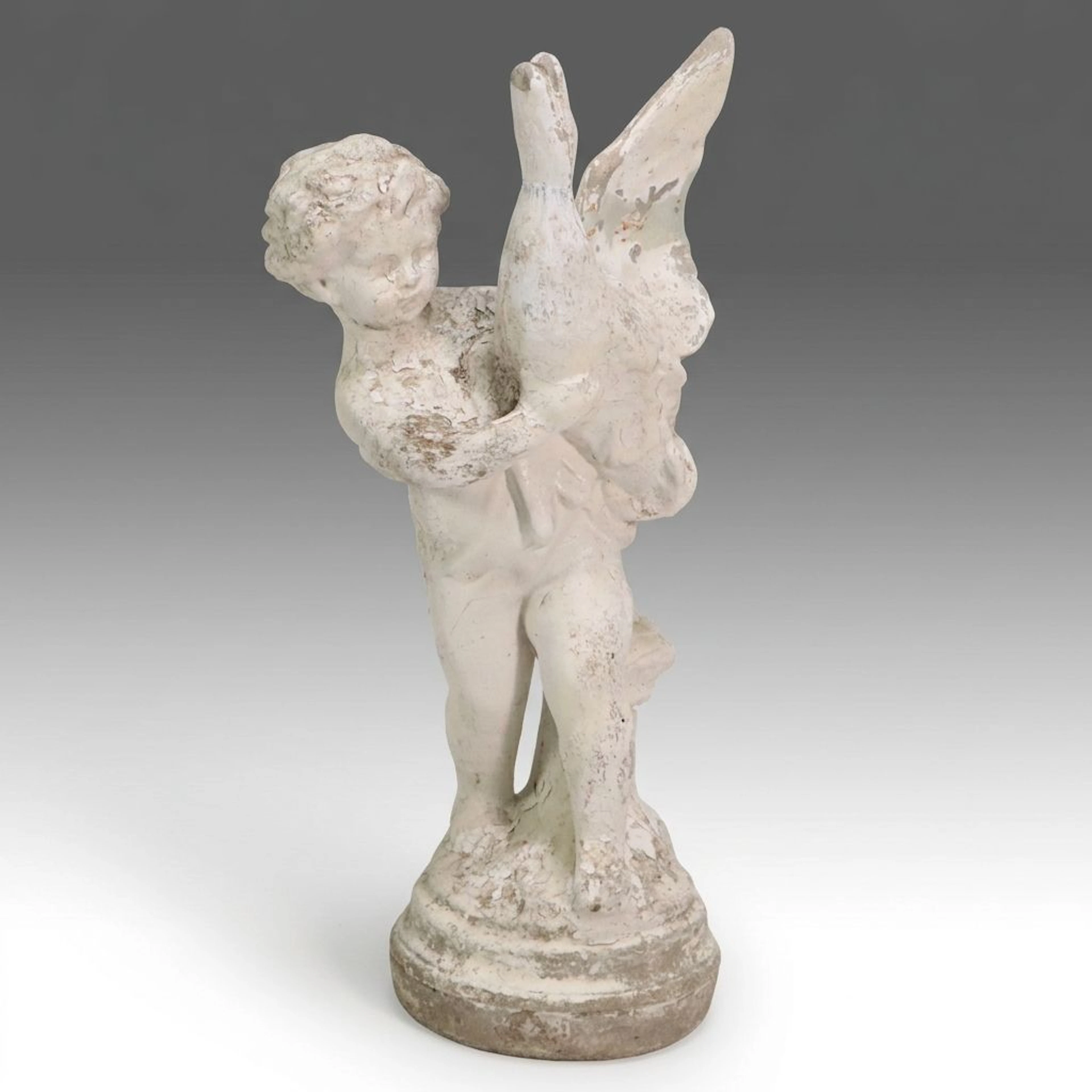 Neoclassical Style Cast Concrete Putto with Bird Garden Statue