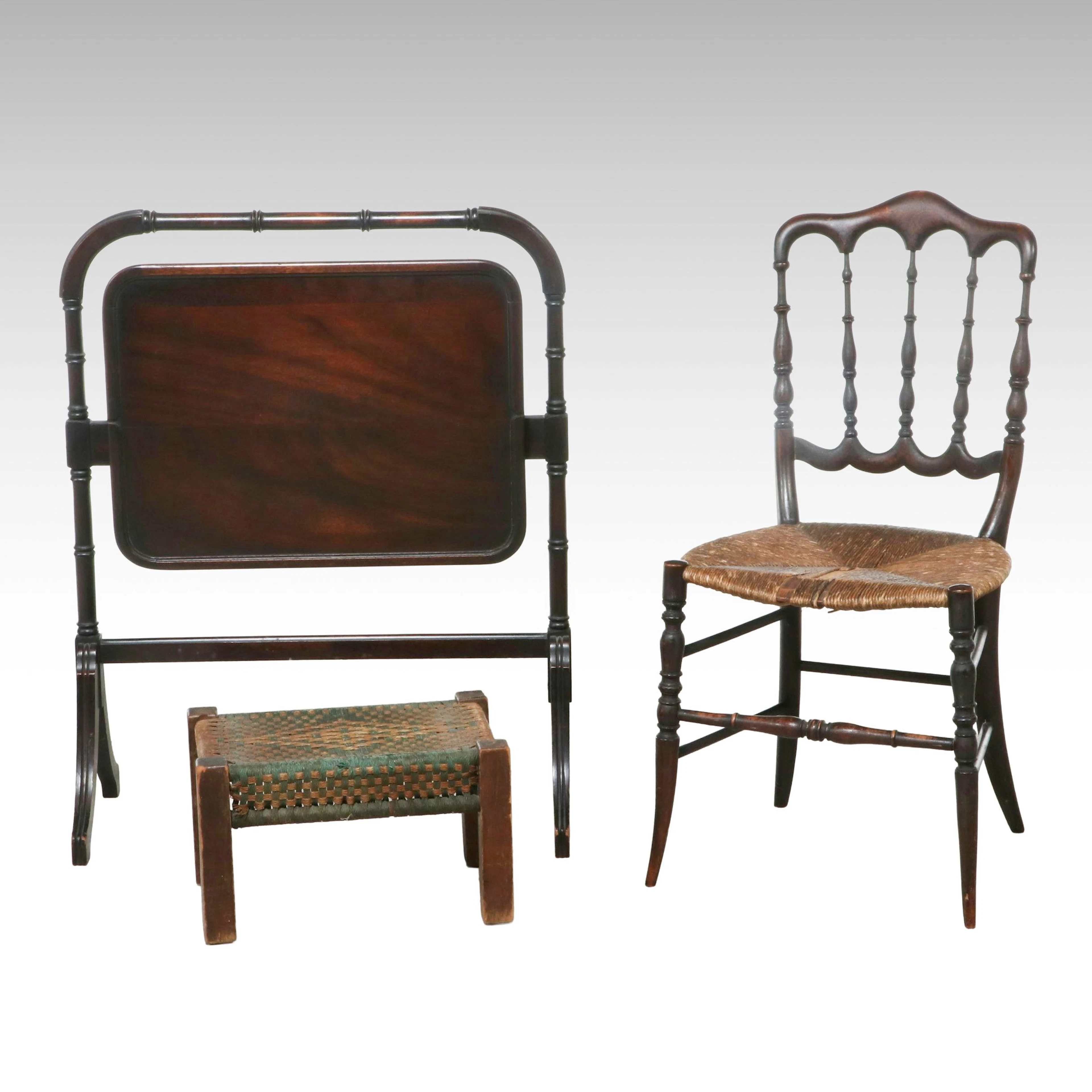 Antique French Chiavari Style Rush Seat Side Chair, Footstool, and Tray Table