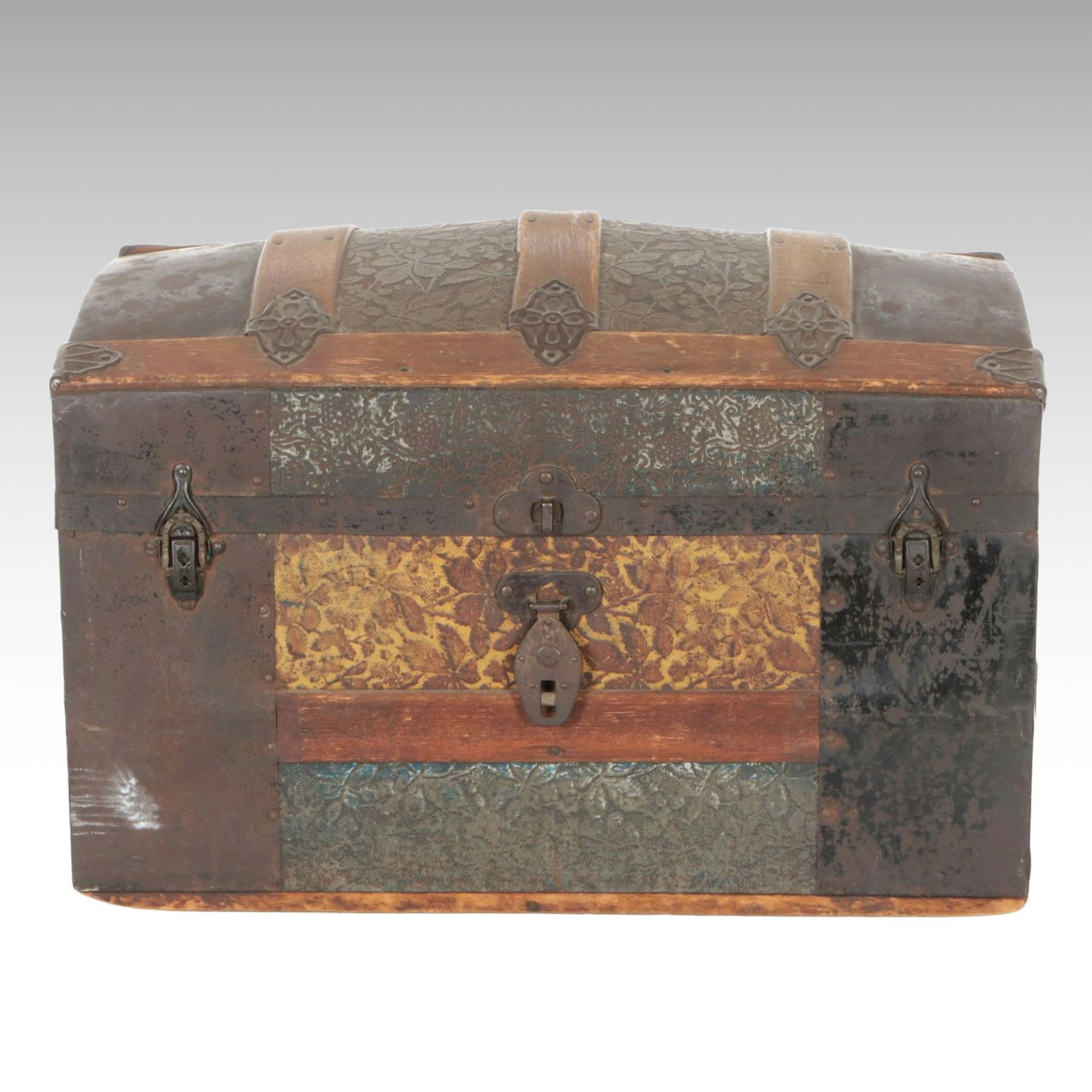 Victorian Embossed Tin & Slatted Wood Dome Top Steamer Trunk, Late 19th Century