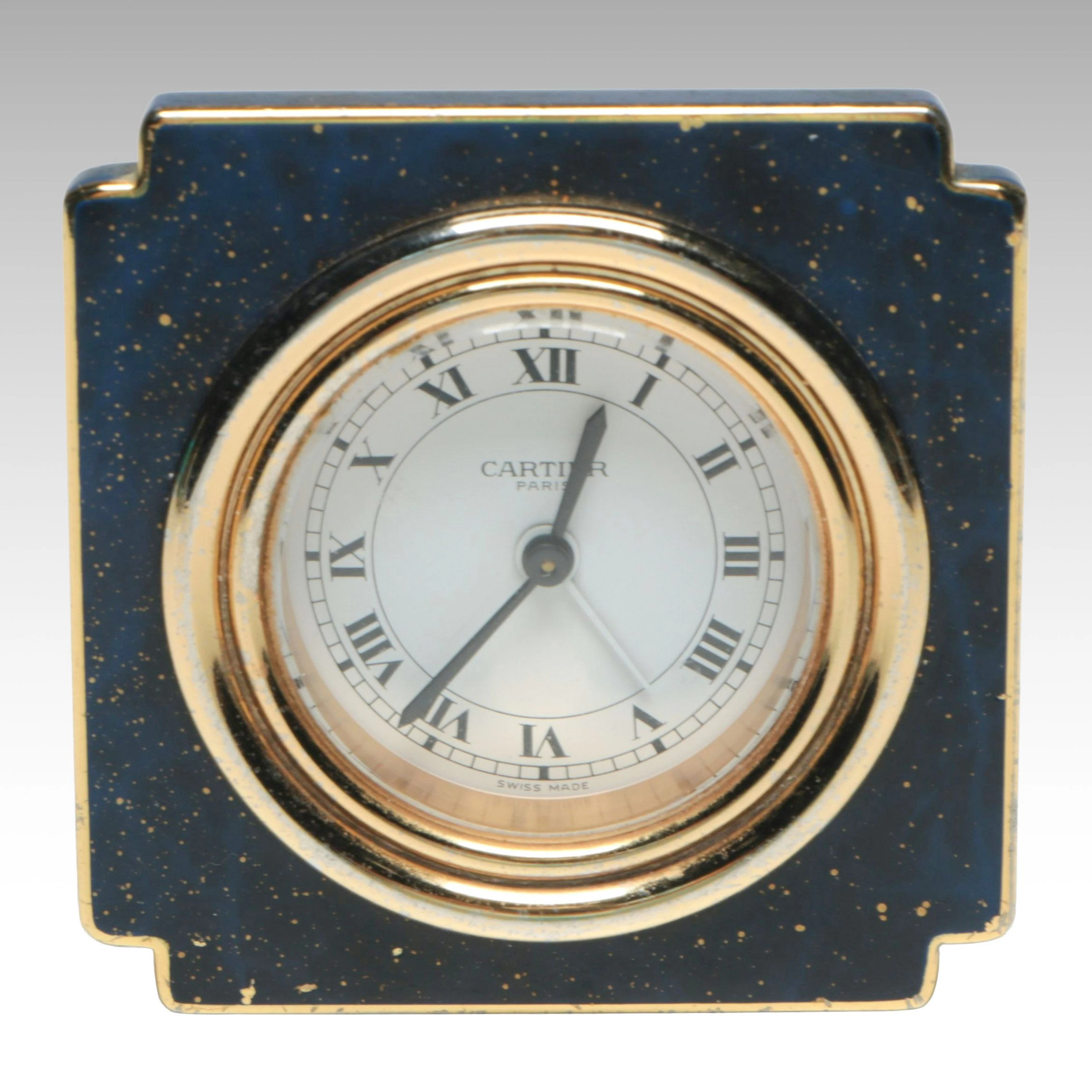 Les Must de Cartier Art Deco Style Faux Lapis Lazuli Travel Alarm Clock, 1980s