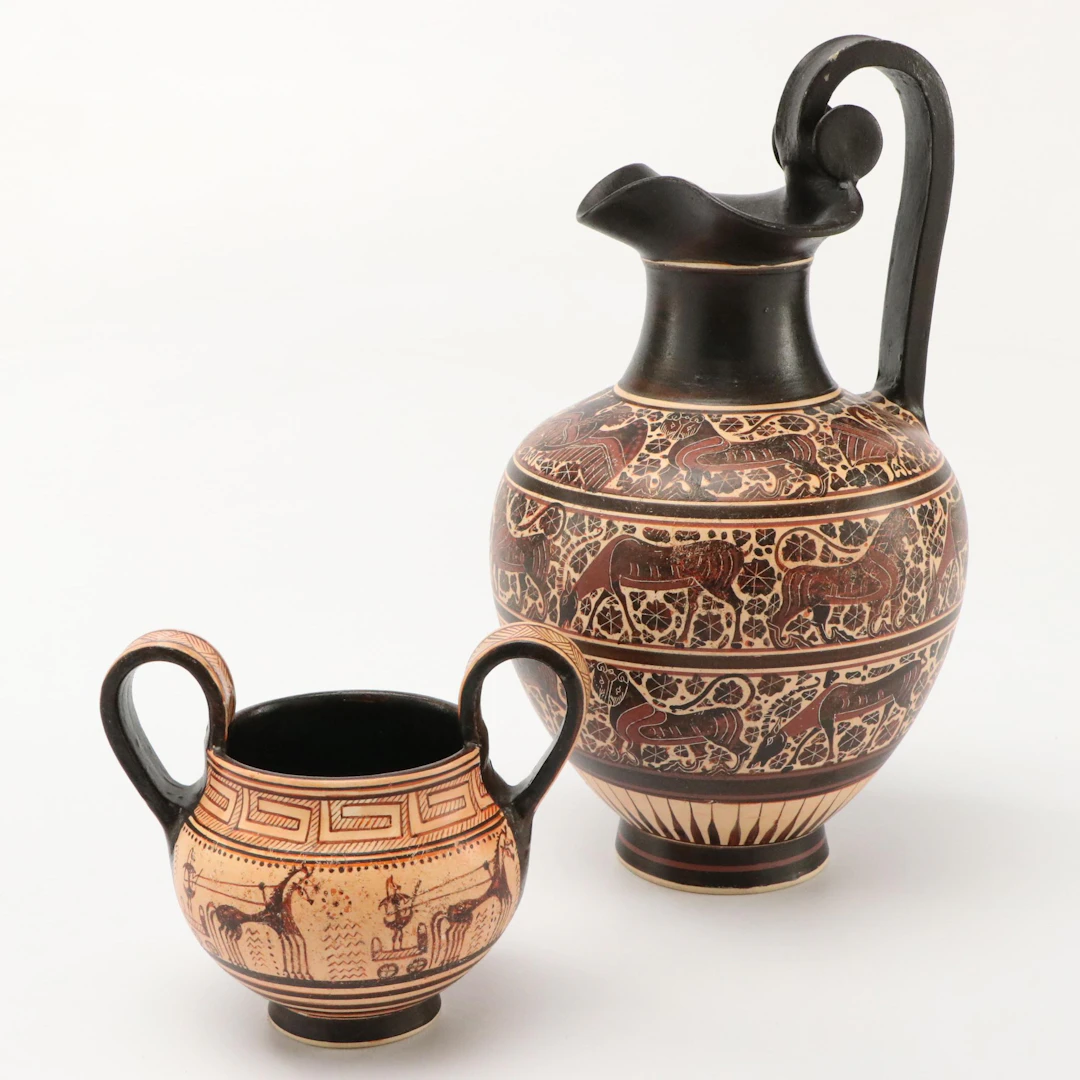 George Lioulias Hand-Painted Kantharos and Oinochoe Museum Replicas