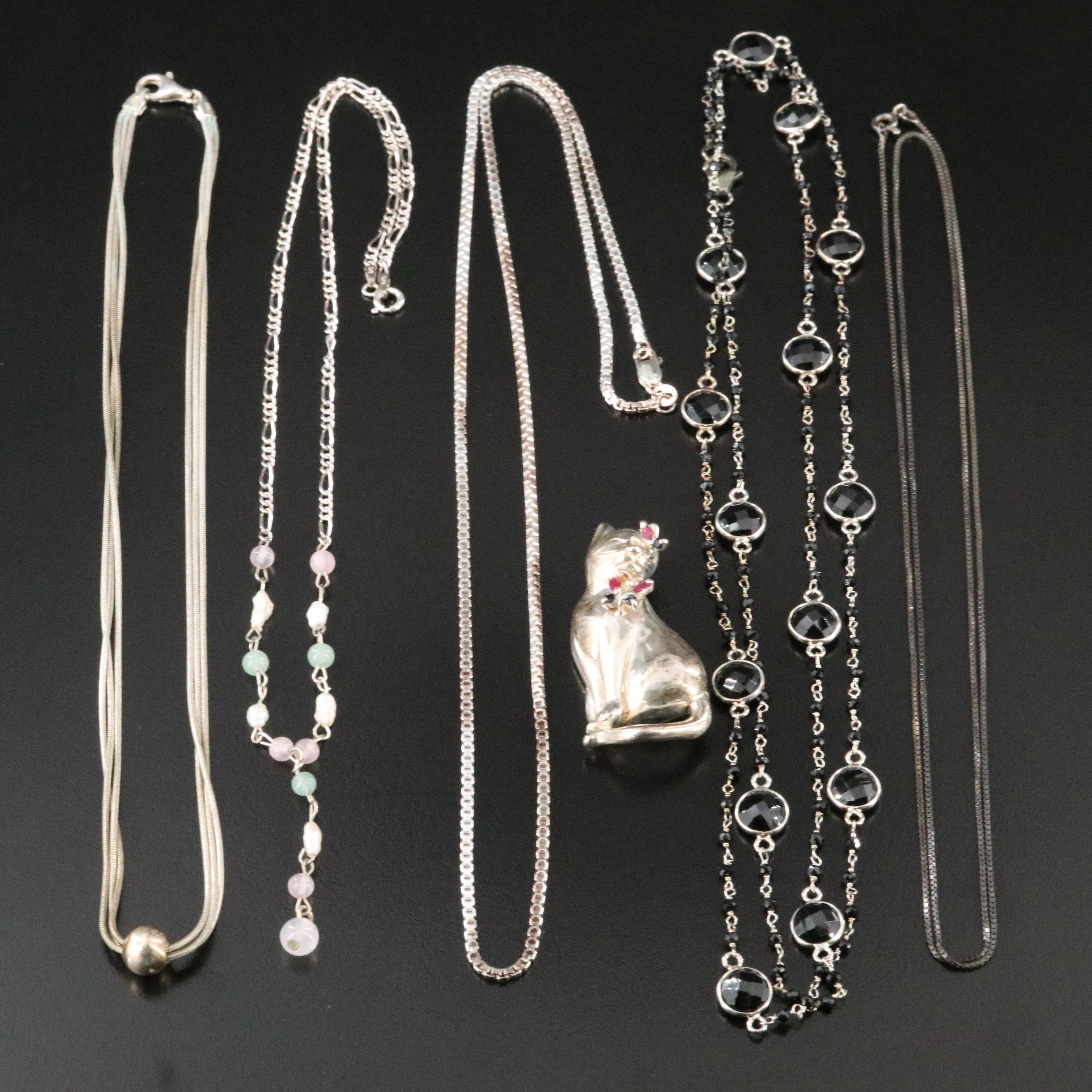 Sterling Necklace and Cat with Butterfly Brooch Including Ruby, Sapphire