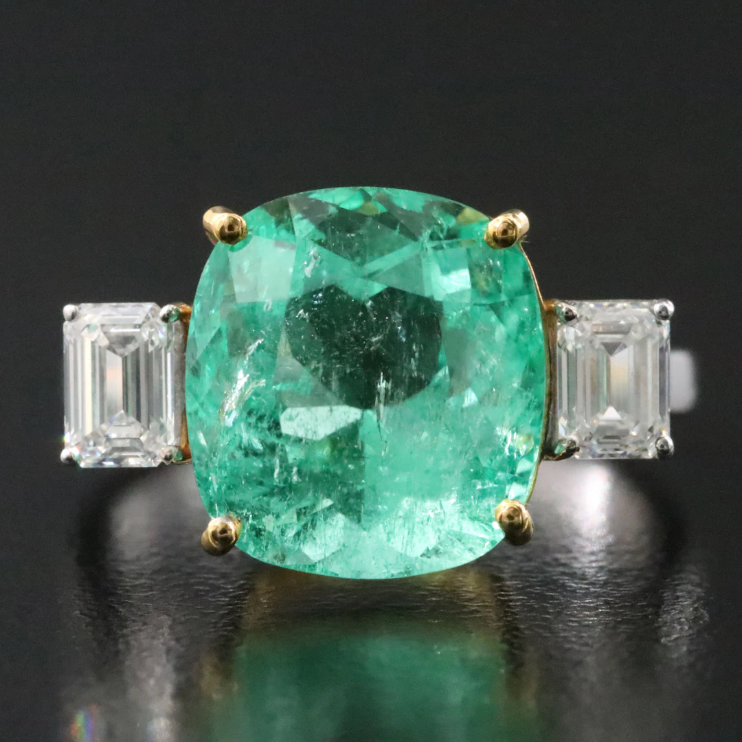 18K 5.42 CT Colombian Emerald and Diamond Ring with GIA Reports