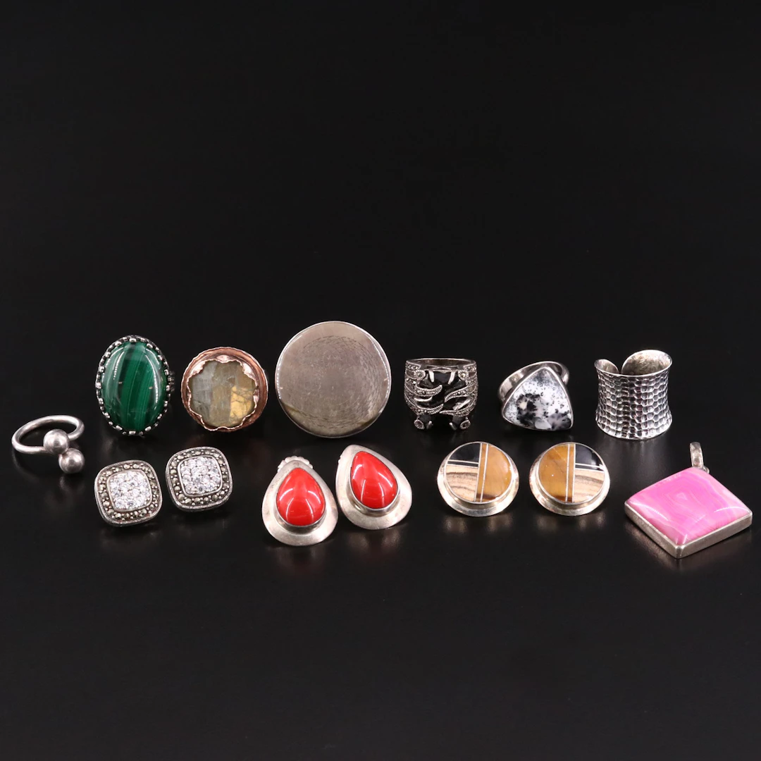 Malachite, Dendritic Agate and Labradorite Featured in Sterling Jewelry