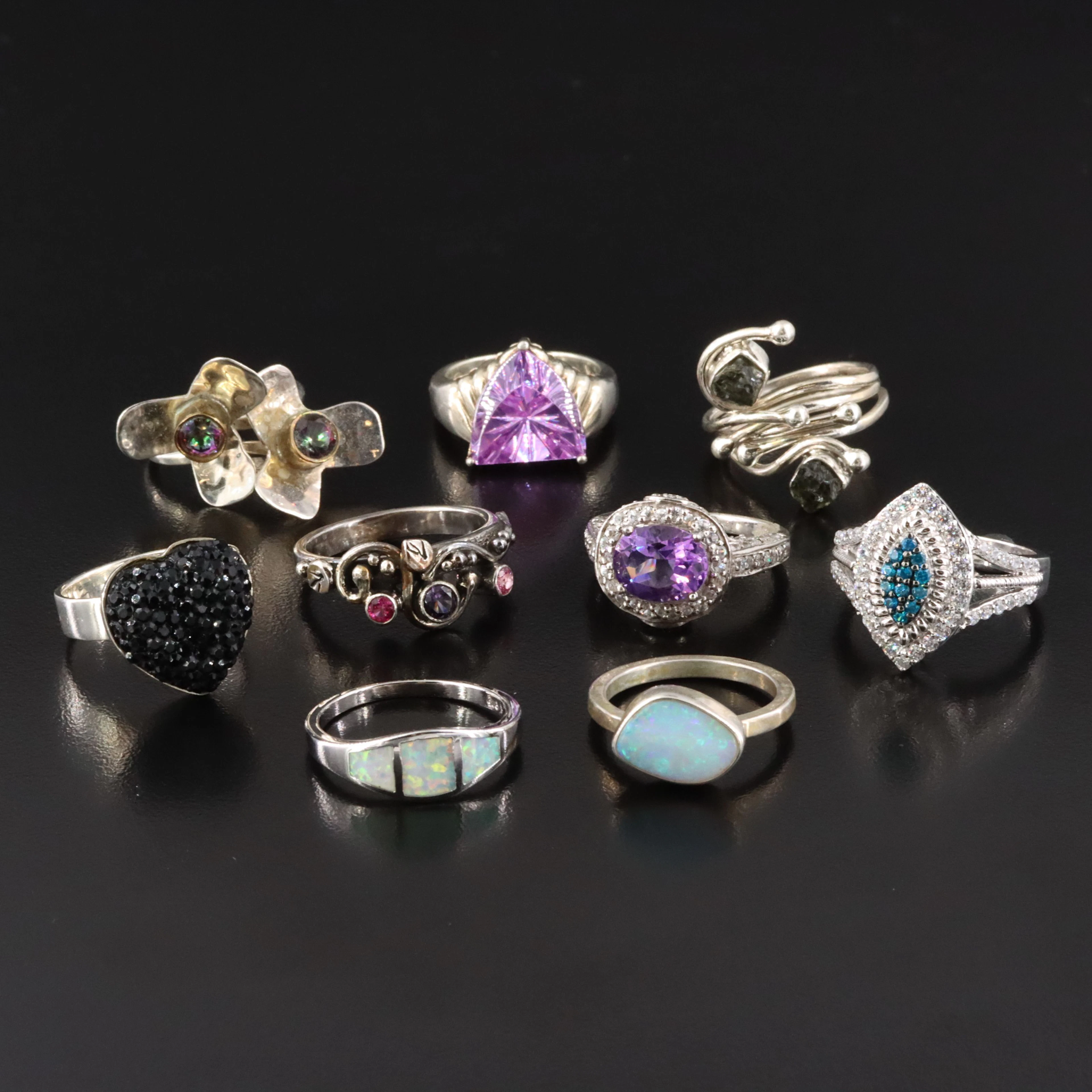 Mystic Topaz, Amethyst and Moldavite Featured in Sterling Rings