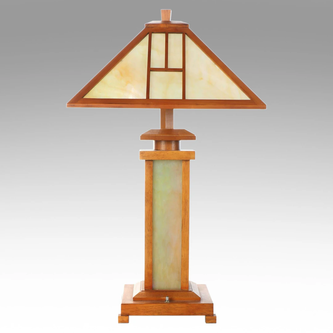 Mission Style Wood and Slag Glass Table Lamp with Shade