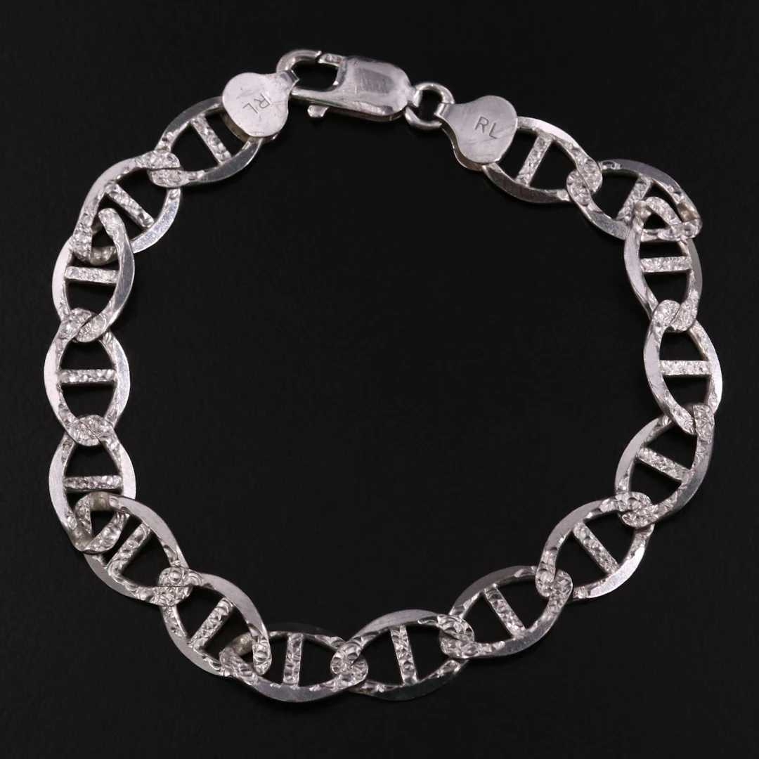 Italian Sterling Mariner Link Bracelet with Diamond Cut Finish