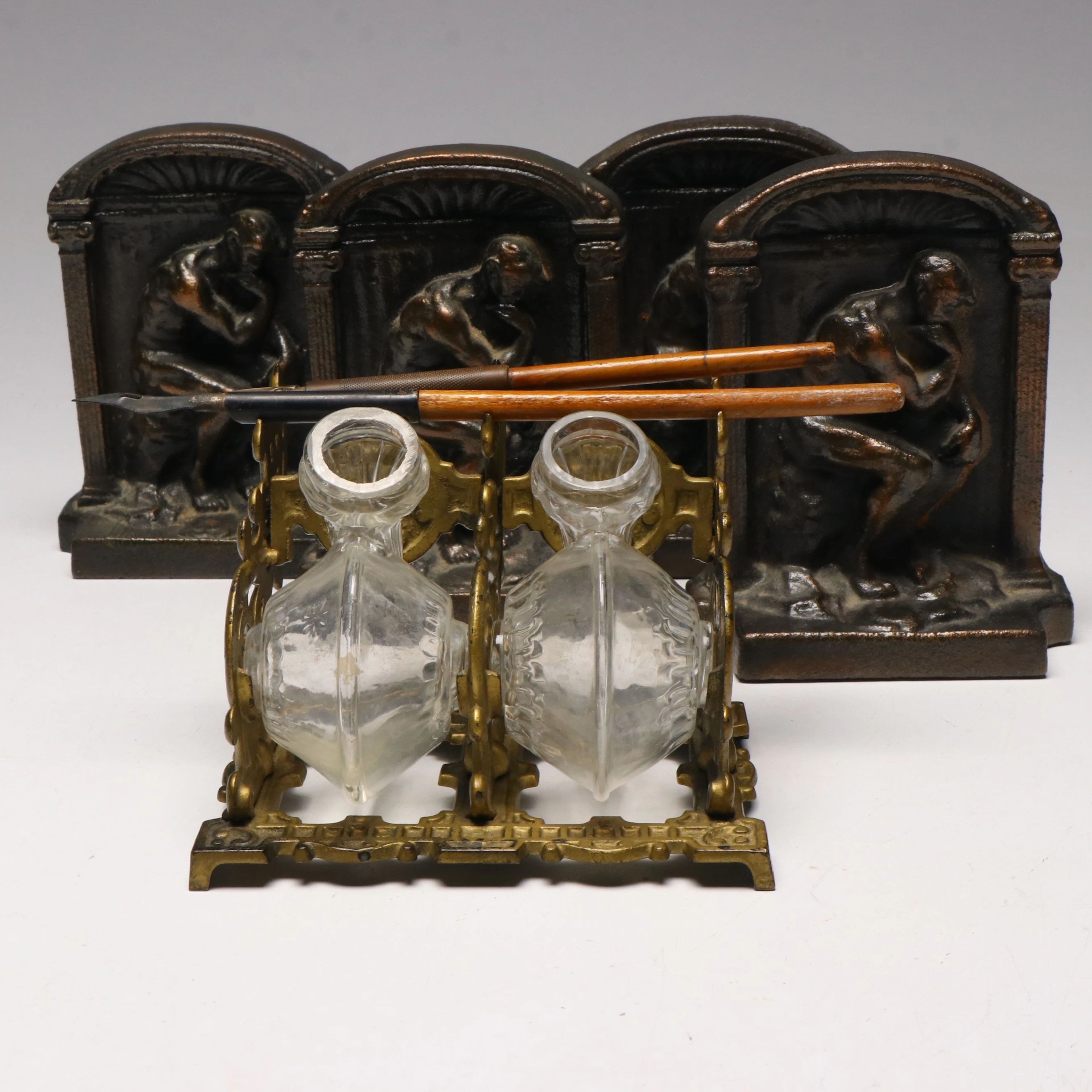 Tatum Revolving Inkwell with "The Thinker" Bronze Tone Bookends