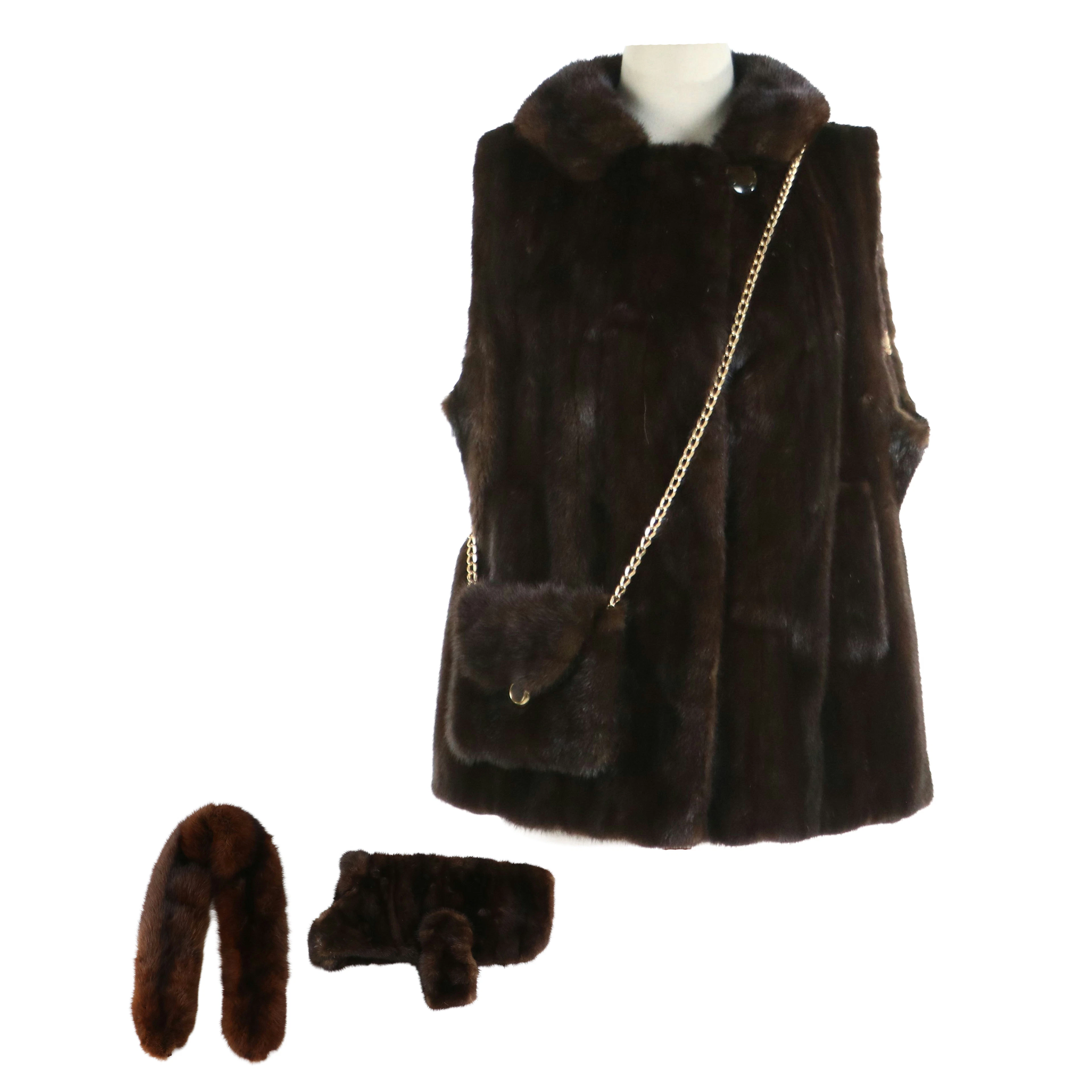Sable Fur Stole With Brown Mink Fur Vest, Chain Bag & Dog Harness/Vest