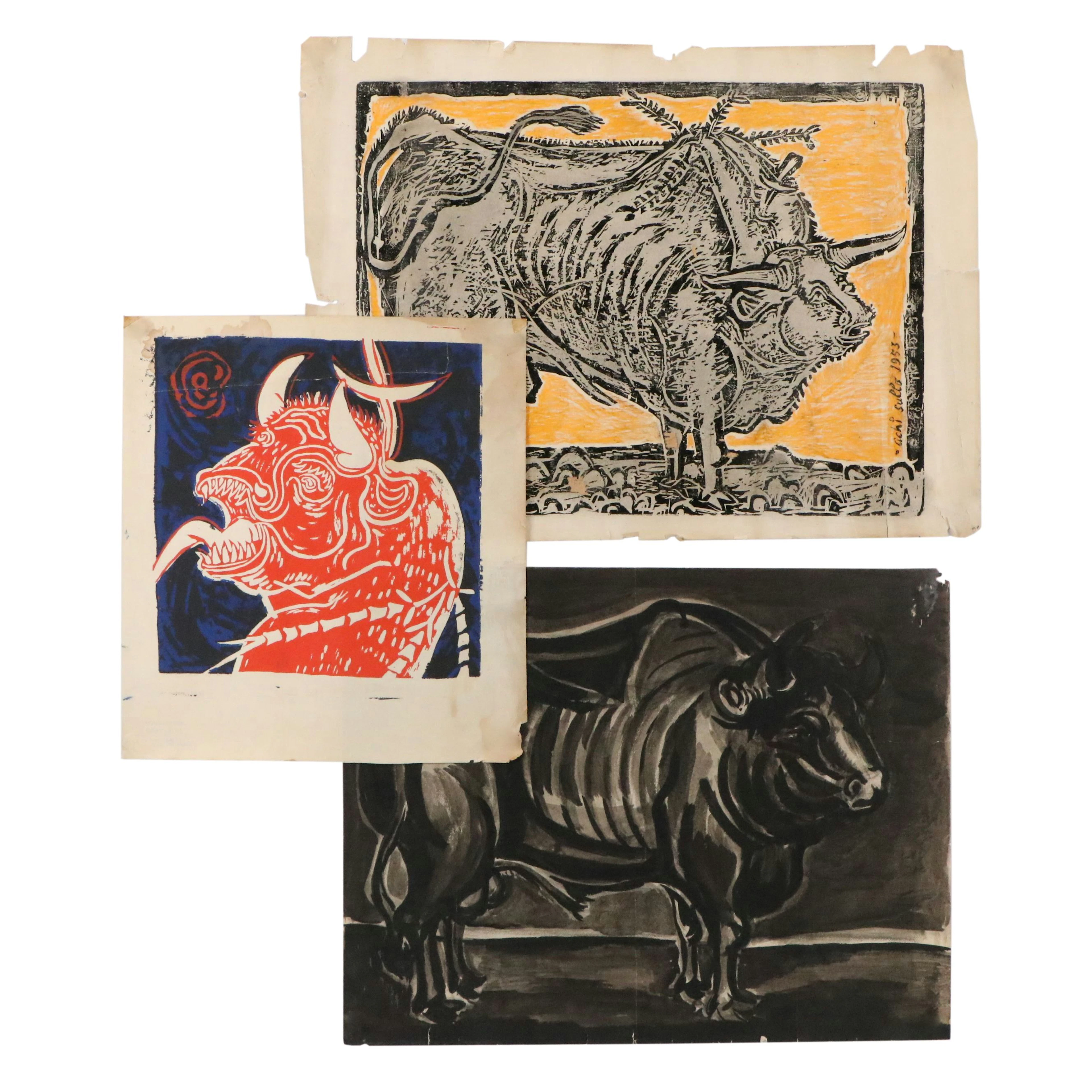 Achi Sullo Serigraph, Linocut, and Ink Wash Painting of Bulls, 1953