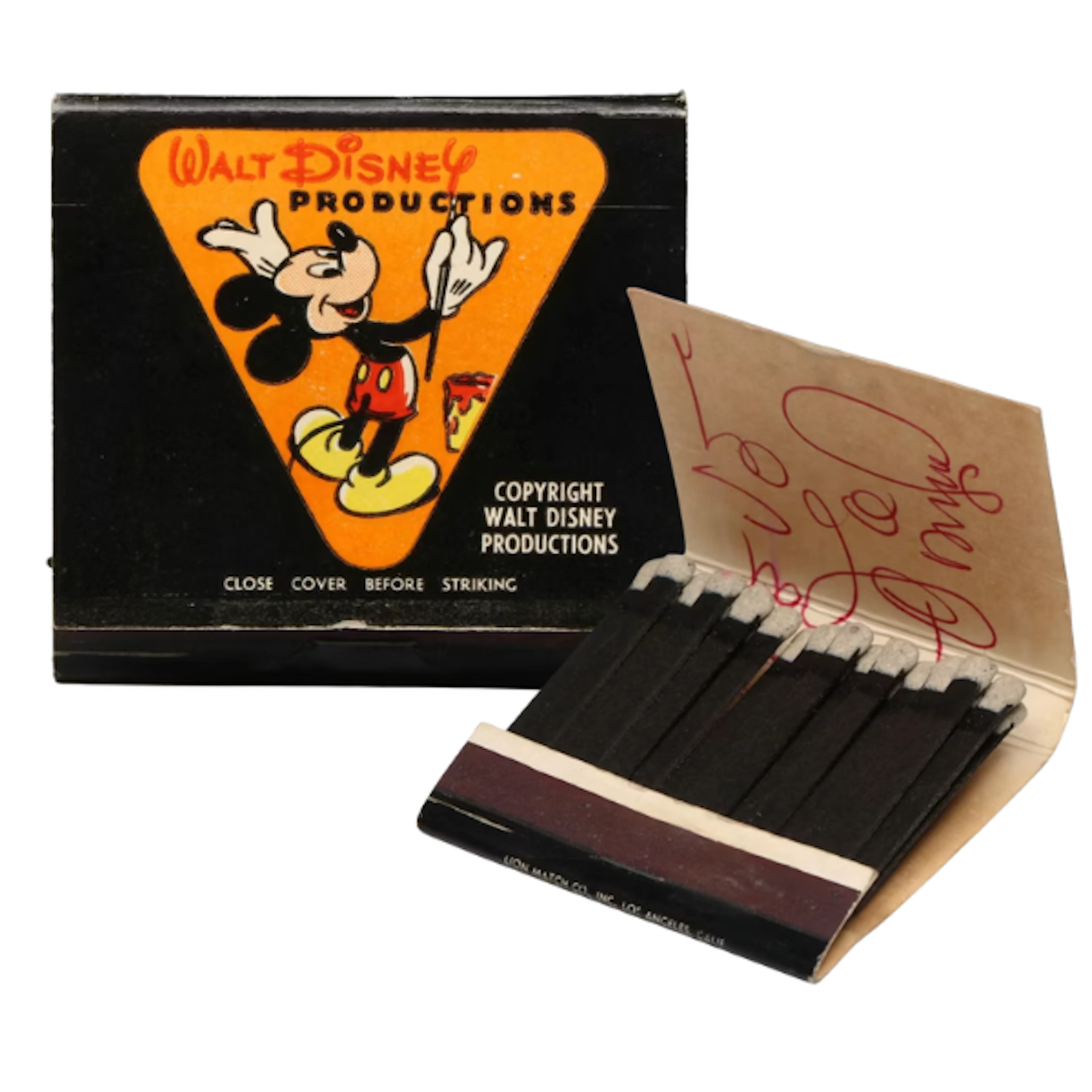 Walt Disney Signed Mickey Mouse Matchbook, Mid-20th Century