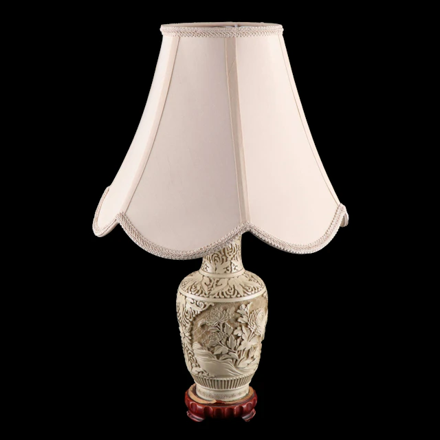 Chinese Beige Carved Resin Table Lamp with Bell Shade