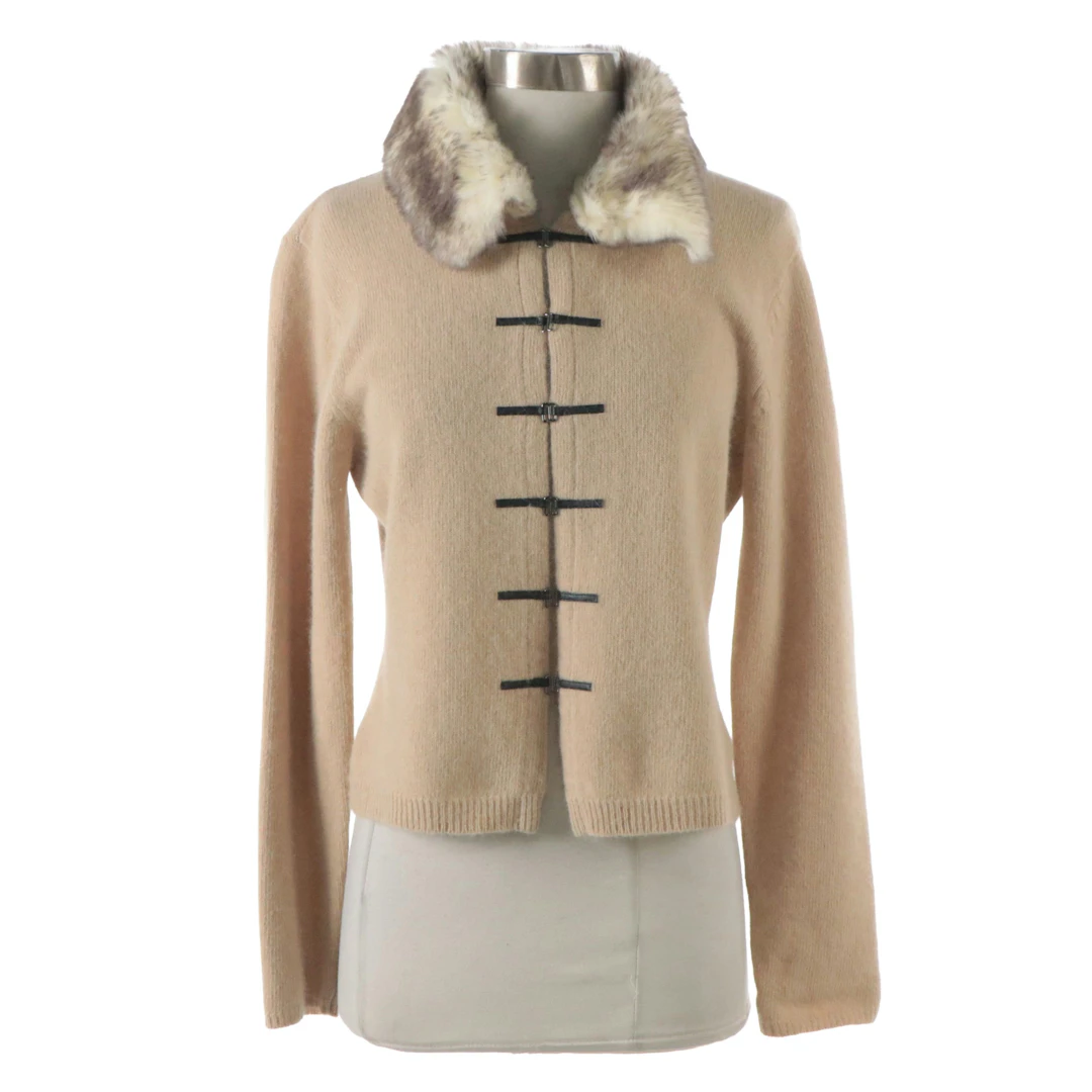 Kenji Cardigan Sweater in Lambswool/Angora Blend with Faux Fur Collar