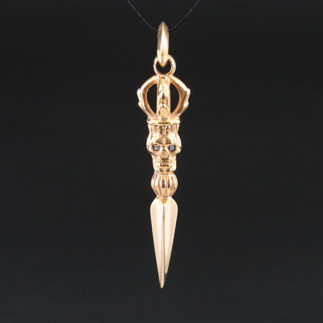 18K Skull Phurba Ritual Dagger Pendant with Fancy Black Diamond Eyes
