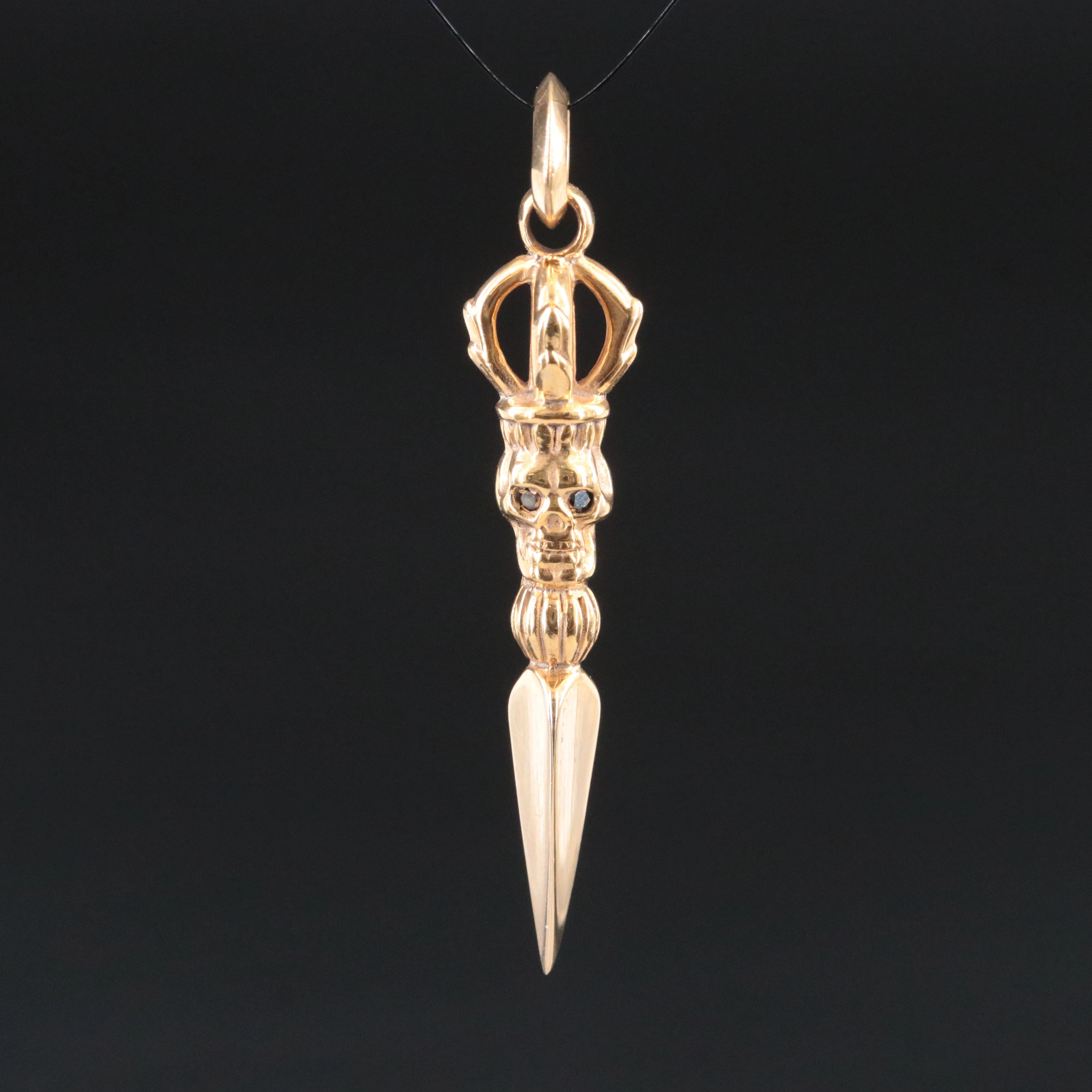 18K Skull Phurba Ritual Dagger Pendant with Fancy Black Diamond Eyes