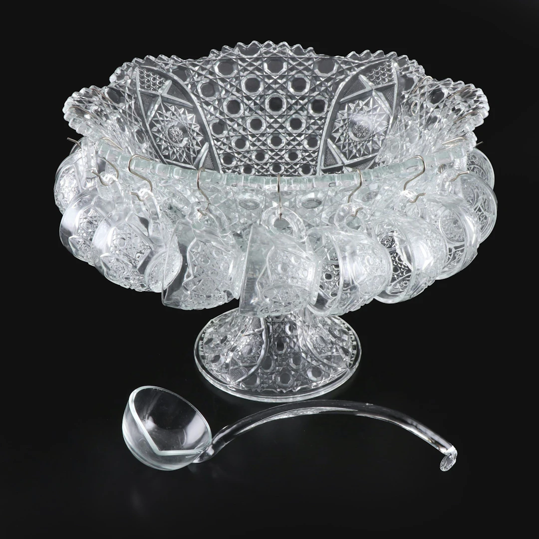 McKee "Leader" Pressed Glass Punch Bowl and Stand with Cups, Mid-20th C.